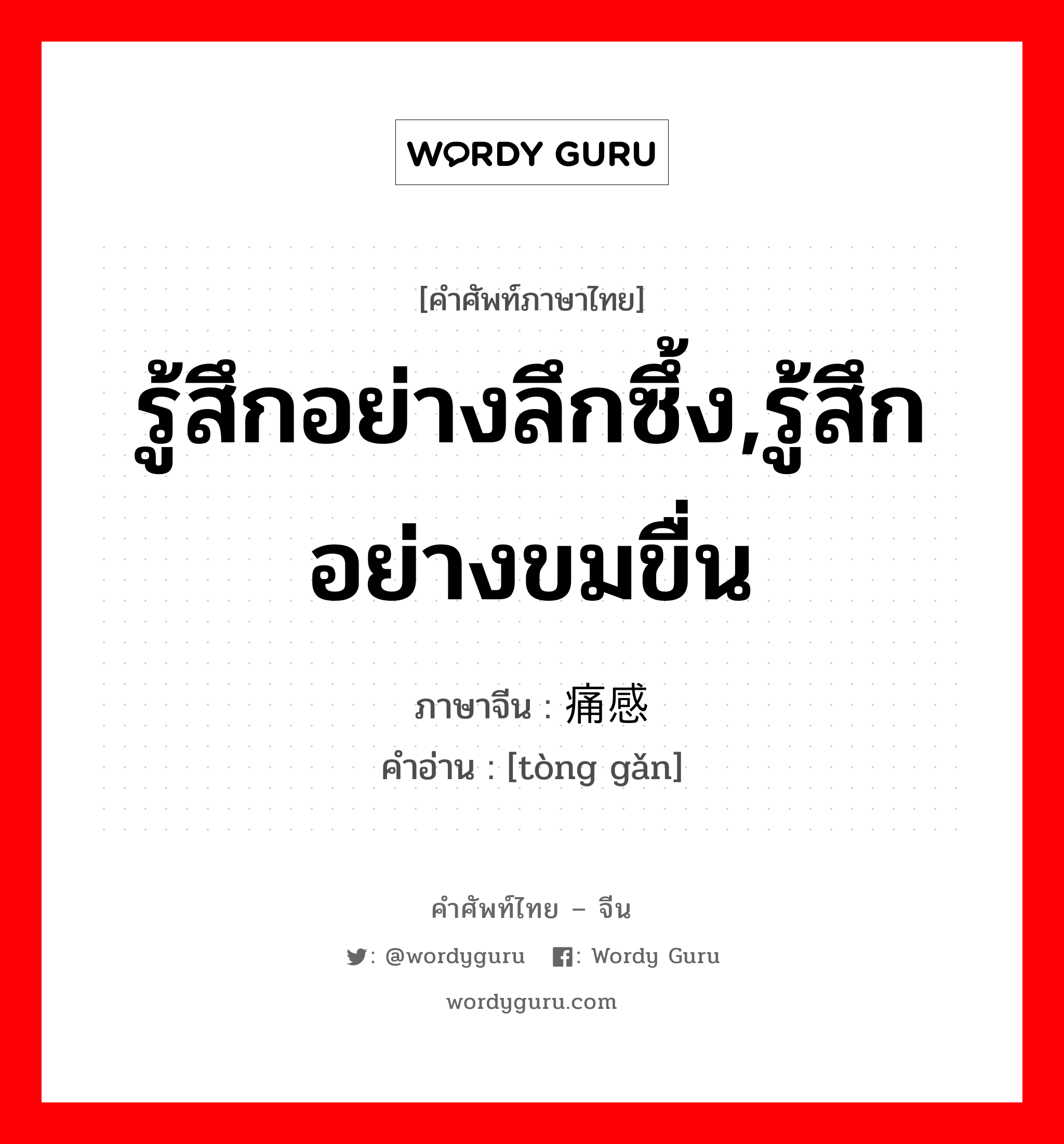 รู้สึกอย่างลึกซึ้ง,รู้สึกอย่างขมขื่น ภาษาจีนคืออะไร, คำศัพท์ภาษาไทย - จีน รู้สึกอย่างลึกซึ้ง,รู้สึกอย่างขมขื่น ภาษาจีน 痛感 คำอ่าน [tòng gǎn]