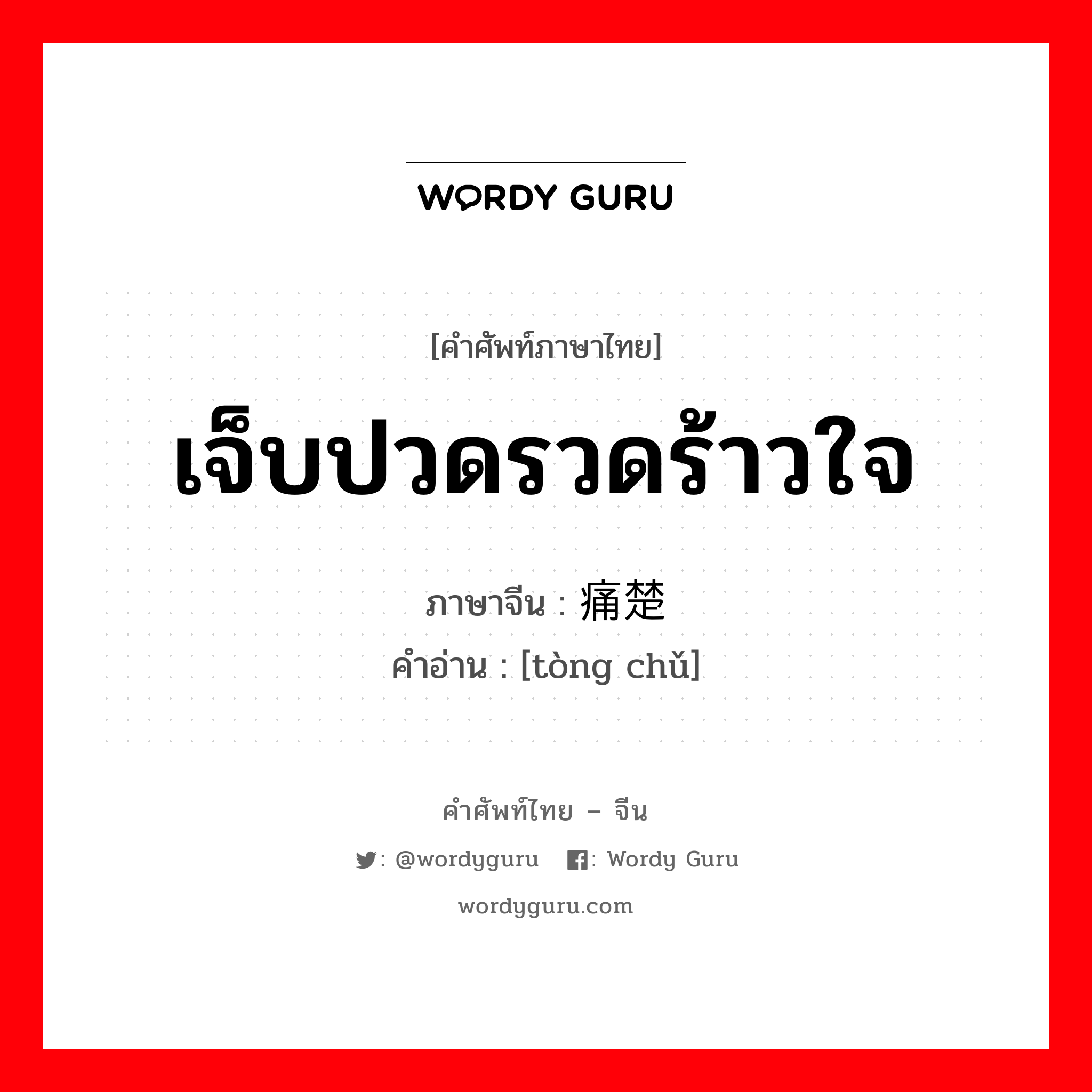 เจ็บปวดรวดร้าวใจ ภาษาจีนคืออะไร, คำศัพท์ภาษาไทย - จีน เจ็บปวดรวดร้าวใจ ภาษาจีน 痛楚 คำอ่าน [tòng chǔ]