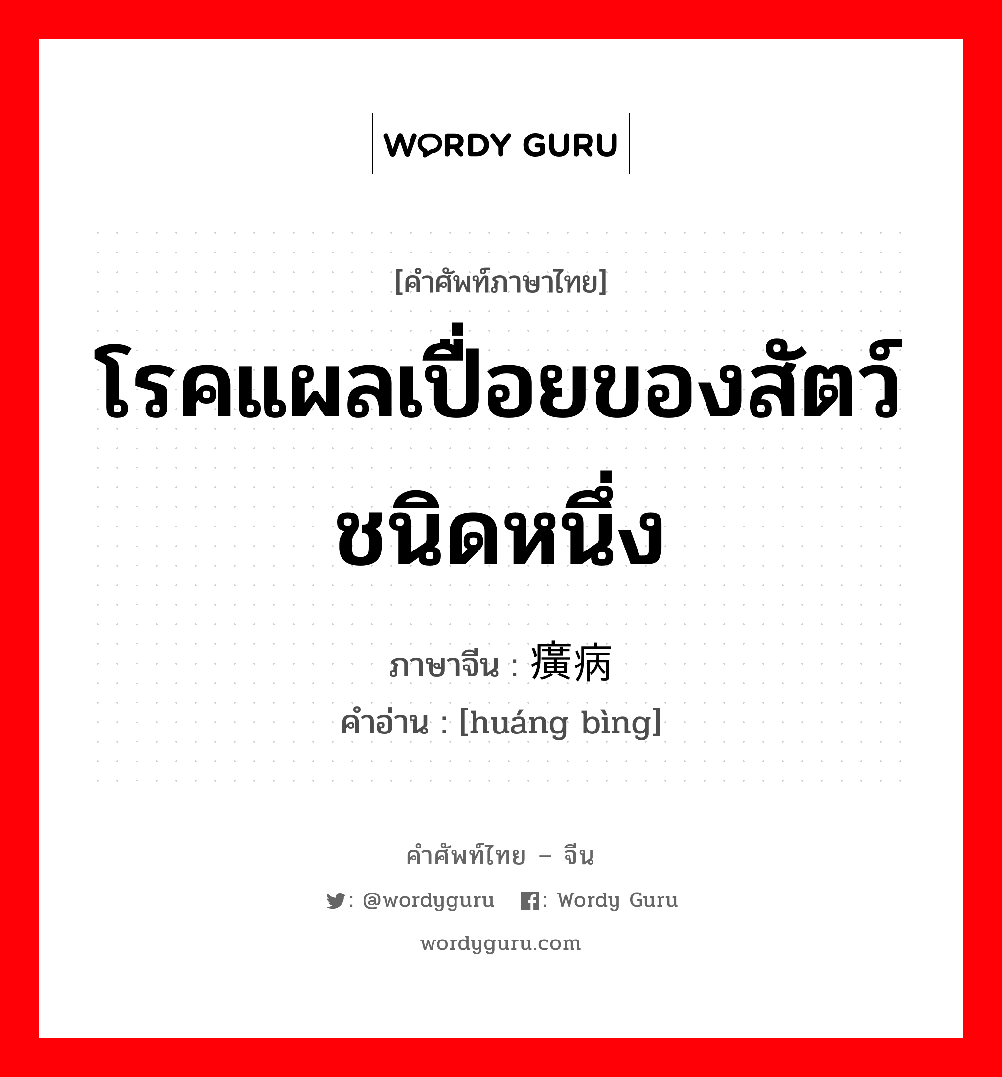 โรคแผลเปื่อยของสัตว์ชนิดหนึ่ง ภาษาจีนคืออะไร, คำศัพท์ภาษาไทย - จีน โรคแผลเปื่อยของสัตว์ชนิดหนึ่ง ภาษาจีน 癀病 คำอ่าน [huáng bìng]