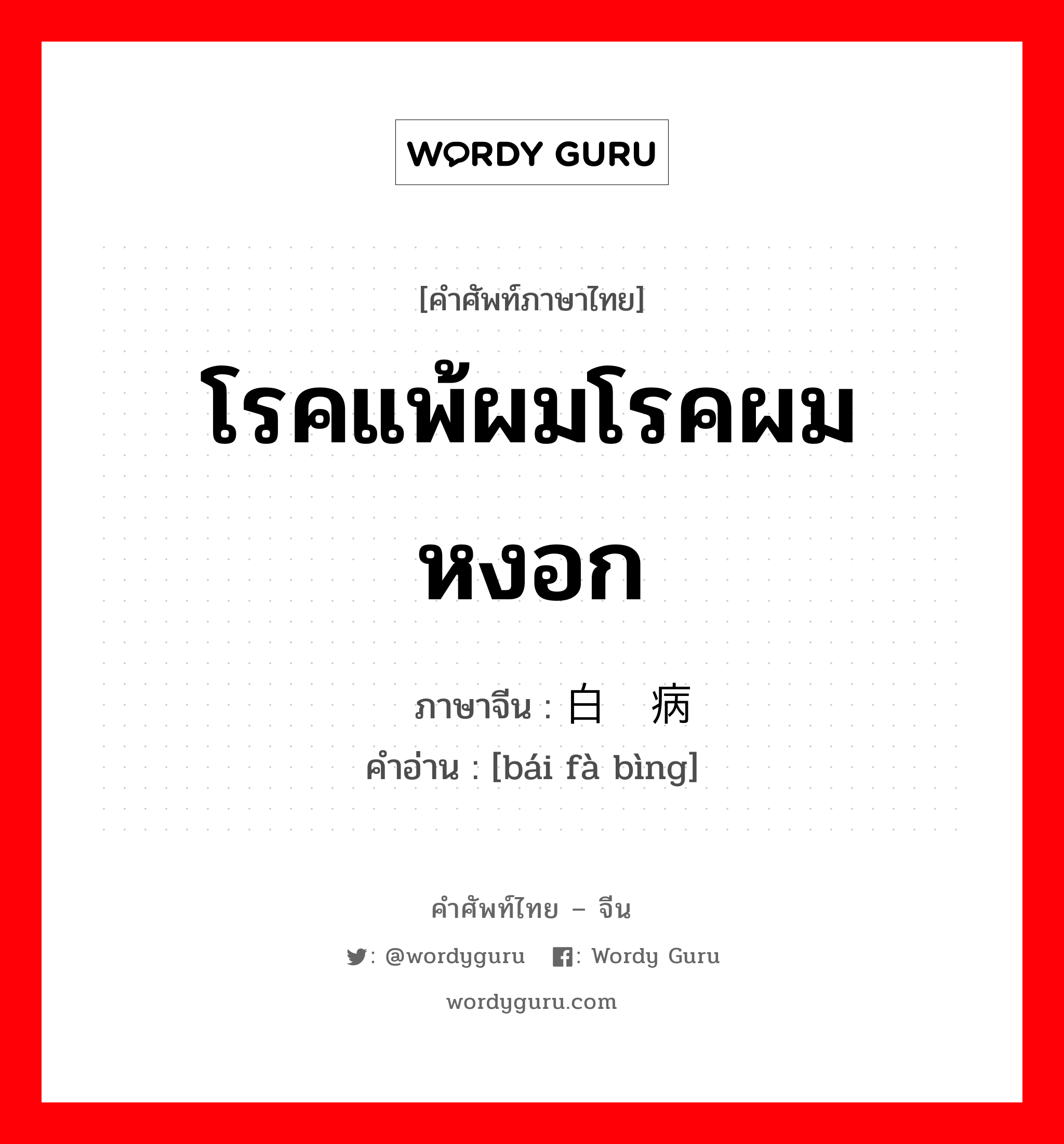 โรคแพ้ผมโรคผมหงอก ภาษาจีนคืออะไร, คำศัพท์ภาษาไทย - จีน โรคแพ้ผมโรคผมหงอก ภาษาจีน 白发病 คำอ่าน [bái fà bìng]