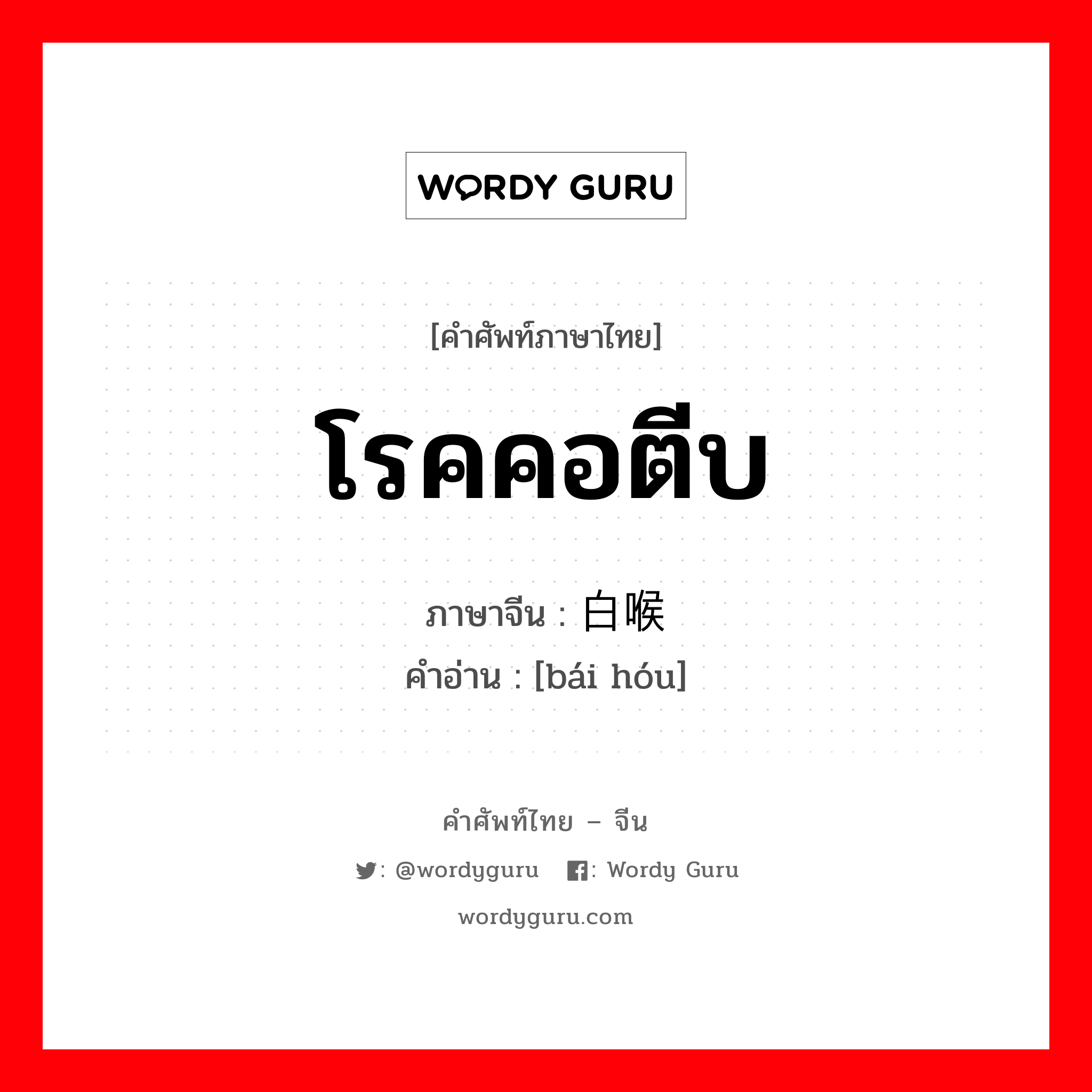 โรคคอตีบ ภาษาจีนคืออะไร, คำศัพท์ภาษาไทย - จีน โรคคอตีบ ภาษาจีน 白喉 คำอ่าน [bái hóu]