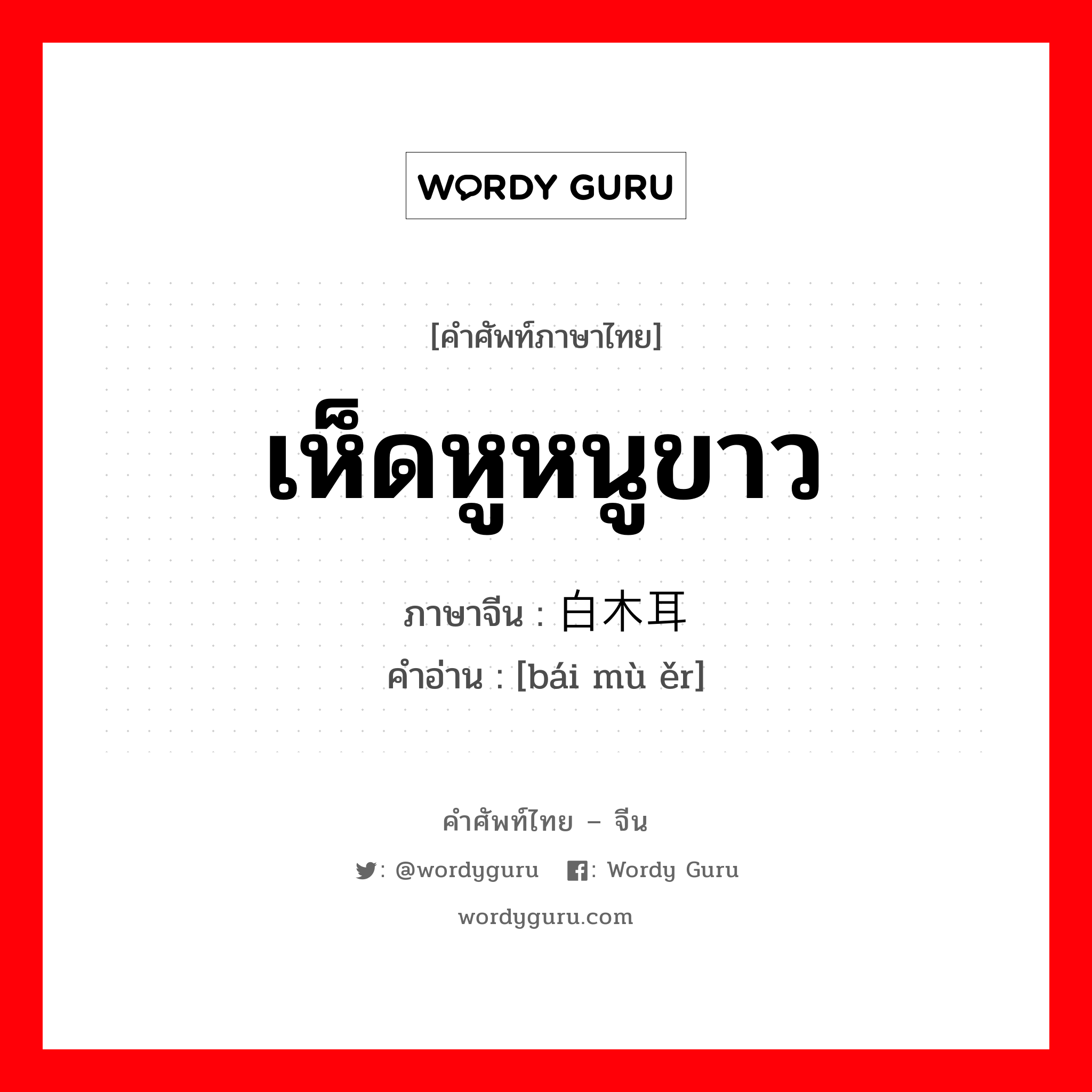 เห็ดหูหนูขาว ภาษาจีนคืออะไร, คำศัพท์ภาษาไทย - จีน เห็ดหูหนูขาว ภาษาจีน 白木耳 คำอ่าน [bái mù ěr]