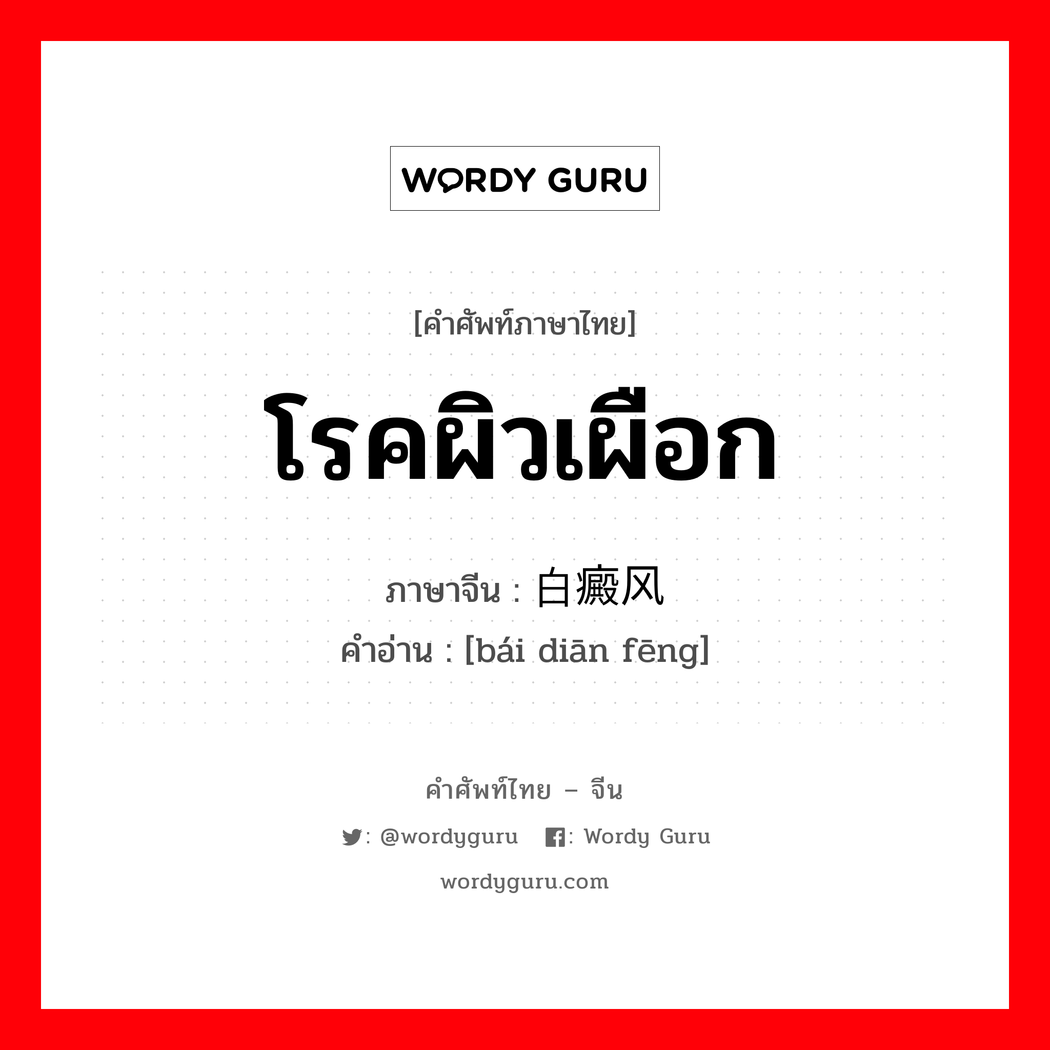 โรคผิวเผือก ภาษาจีนคืออะไร, คำศัพท์ภาษาไทย - จีน โรคผิวเผือก ภาษาจีน 白癜风 คำอ่าน [bái diān fēng]