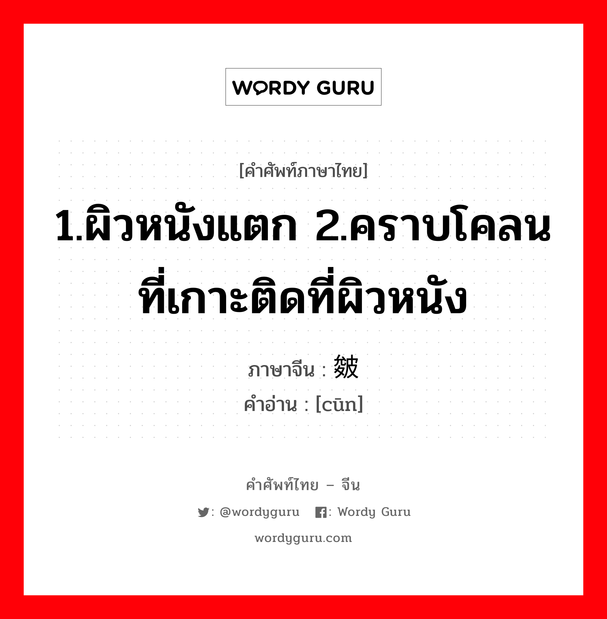 1.ผิวหนังแตก 2.คราบโคลนที่เกาะติดที่ผิวหนัง ภาษาจีนคืออะไร, คำศัพท์ภาษาไทย - จีน 1.ผิวหนังแตก 2.คราบโคลนที่เกาะติดที่ผิวหนัง ภาษาจีน 皴 คำอ่าน [cūn]