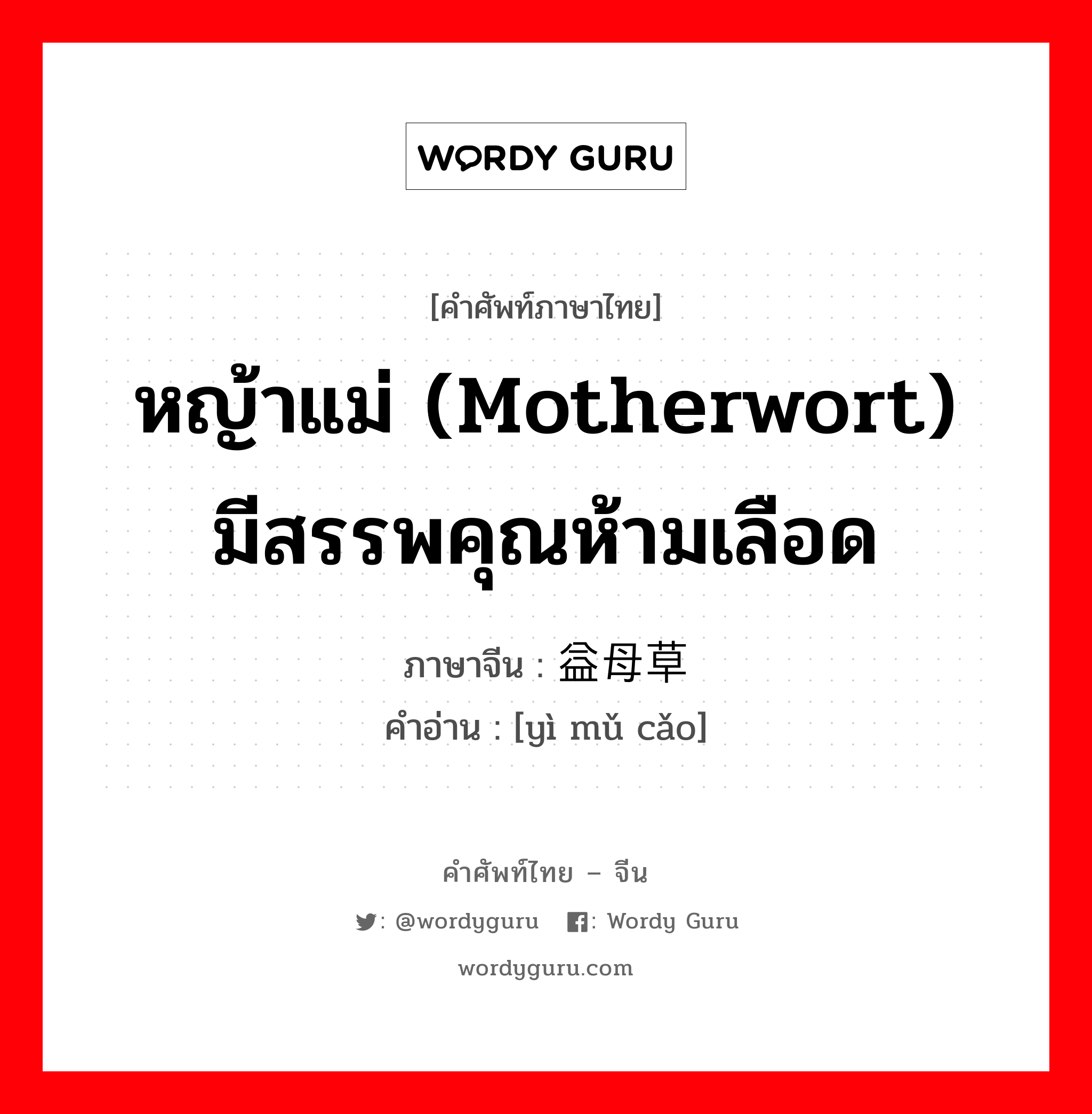 หญ้าแม่ (Motherwort) มีสรรพคุณห้ามเลือด ภาษาจีนคืออะไร, คำศัพท์ภาษาไทย - จีน หญ้าแม่ (Motherwort) มีสรรพคุณห้ามเลือด ภาษาจีน 益母草 คำอ่าน [yì mǔ cǎo]