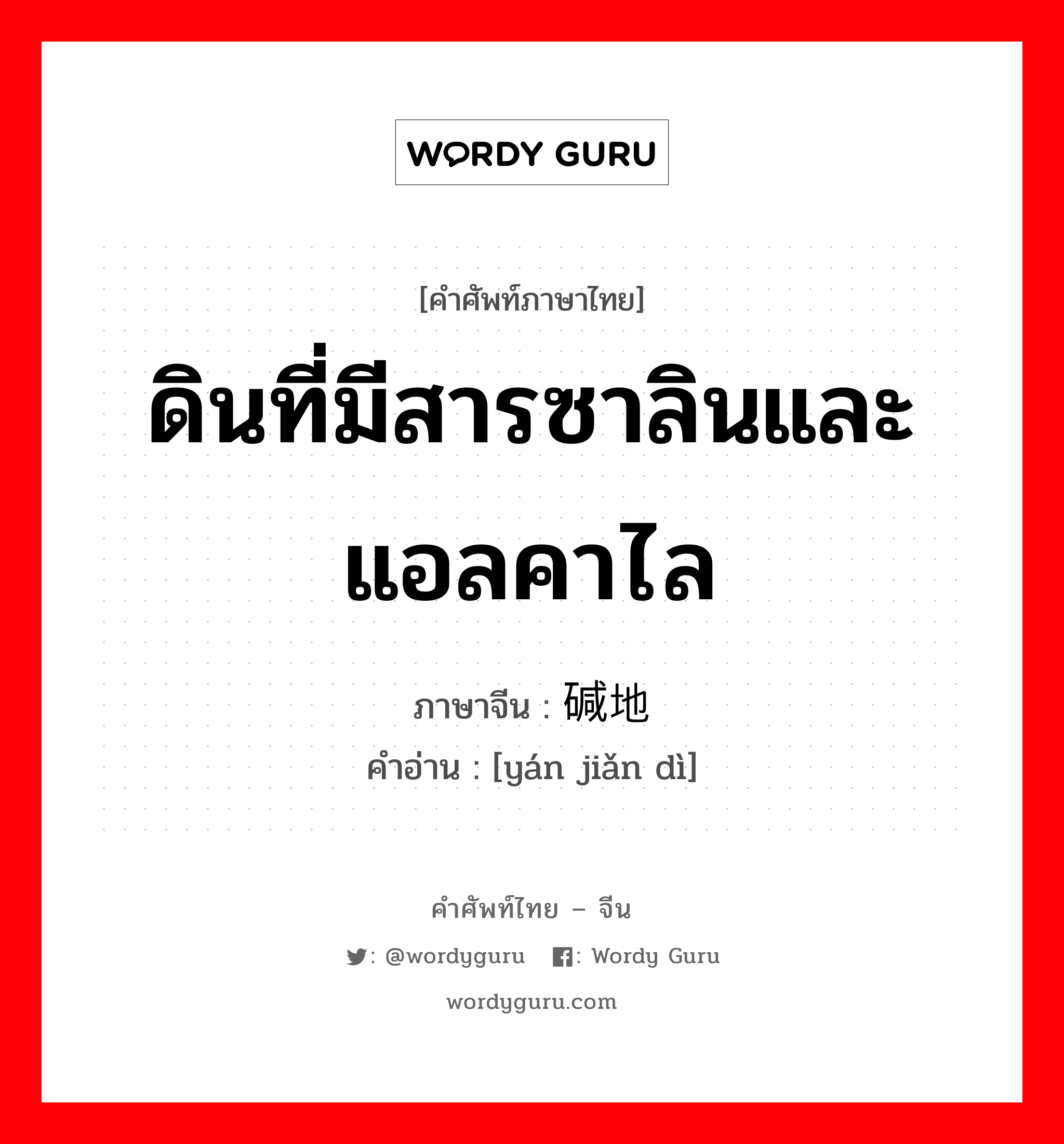 ดินที่มีสารซาลินและแอลคาไล ภาษาจีนคืออะไร, คำศัพท์ภาษาไทย - จีน ดินที่มีสารซาลินและแอลคาไล ภาษาจีน 盐碱地 คำอ่าน [yán jiǎn dì]