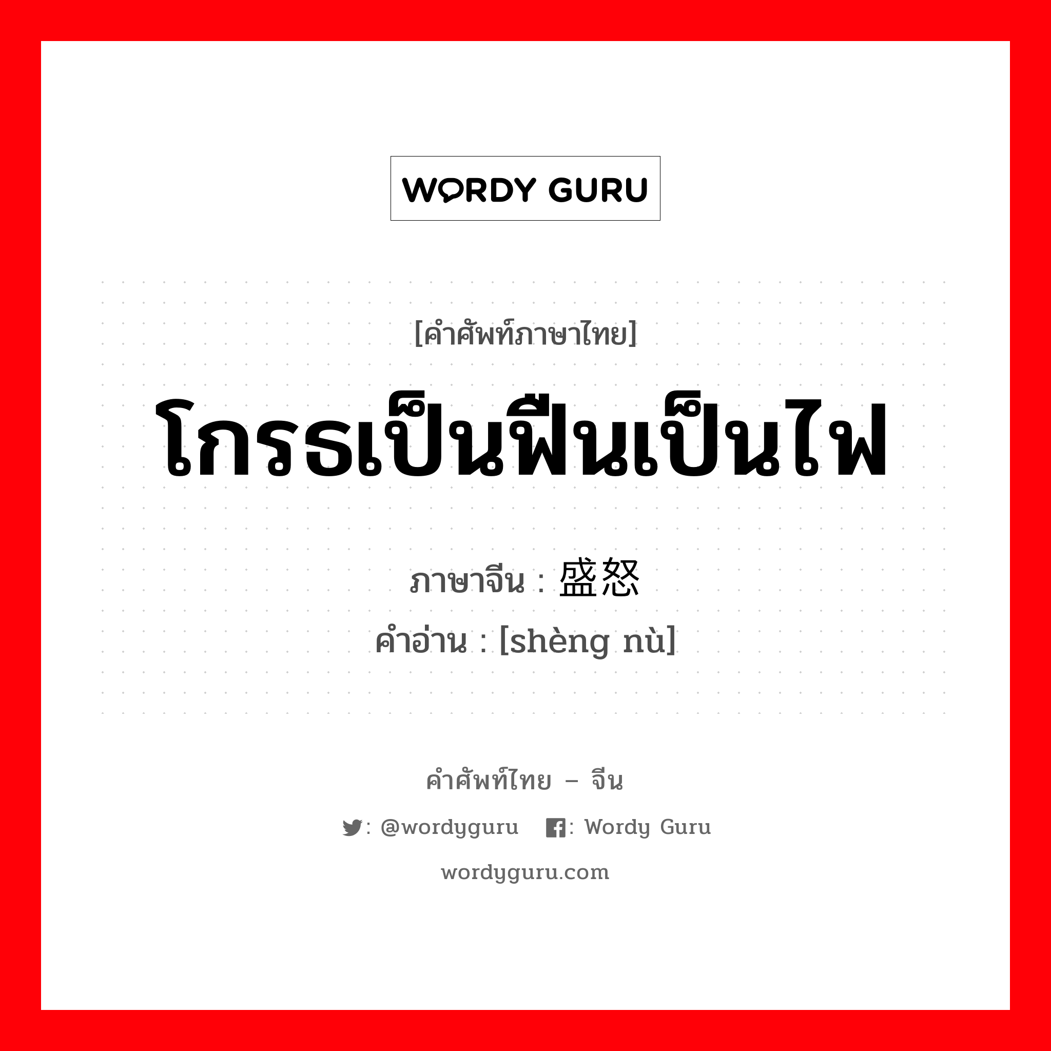 โกรธเป็นฟืนเป็นไฟ ภาษาจีนคืออะไร, คำศัพท์ภาษาไทย - จีน โกรธเป็นฟืนเป็นไฟ ภาษาจีน 盛怒 คำอ่าน [shèng nù]