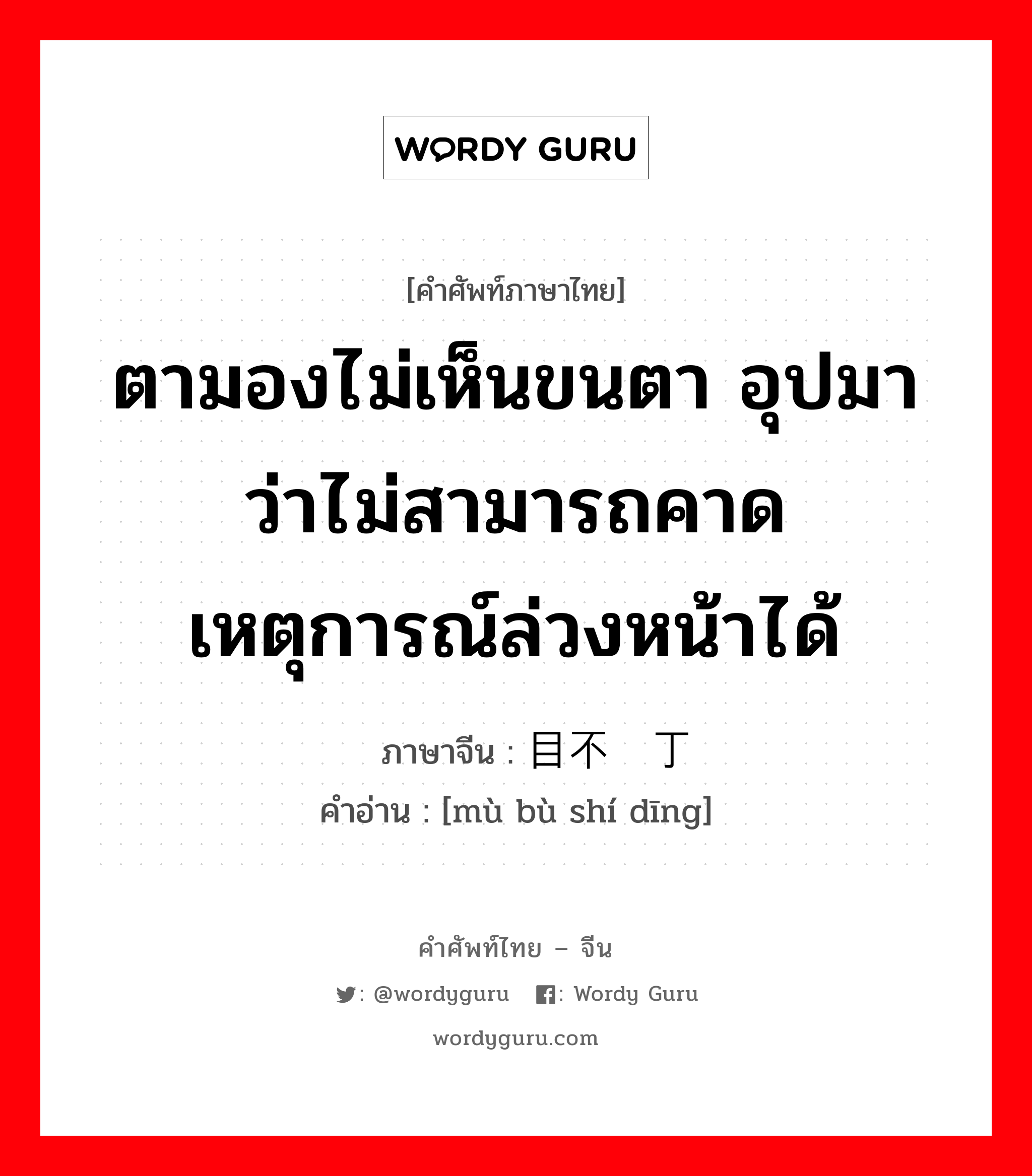 ตามองไม่เห็นขนตา อุปมาว่าไม่สามารถคาดเหตุการณ์ล่วงหน้าได้ ภาษาจีนคืออะไร, คำศัพท์ภาษาไทย - จีน ตามองไม่เห็นขนตา อุปมาว่าไม่สามารถคาดเหตุการณ์ล่วงหน้าได้ ภาษาจีน 目不识丁 คำอ่าน [mù bù shí dīng]