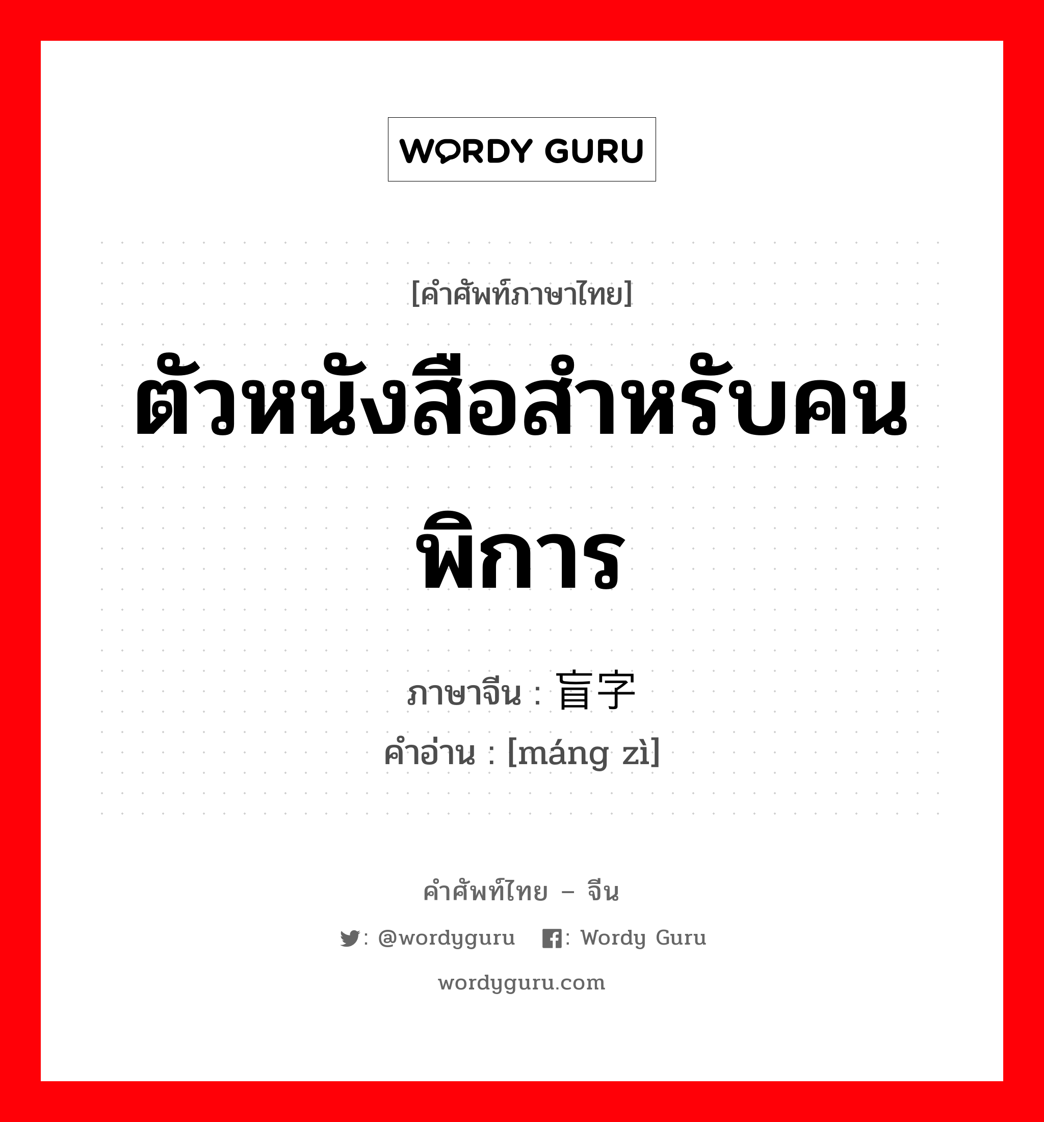 ตัวหนังสือสำหรับคนพิการ ภาษาจีนคืออะไร, คำศัพท์ภาษาไทย - จีน ตัวหนังสือสำหรับคนพิการ ภาษาจีน 盲字 คำอ่าน [máng zì]