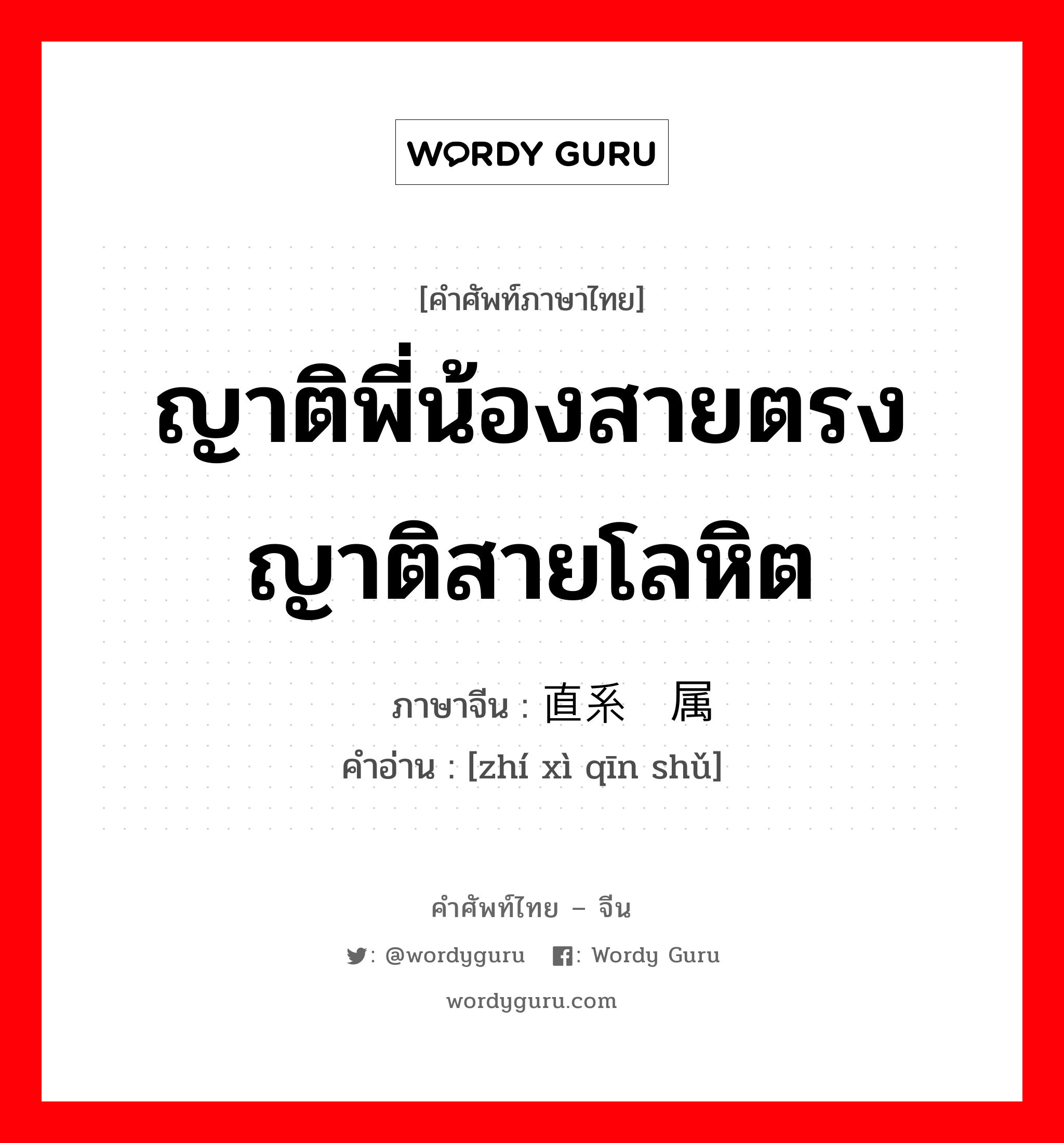 ญาติพี่น้องสายตรง ญาติสายโลหิต ภาษาจีนคืออะไร, คำศัพท์ภาษาไทย - จีน ญาติพี่น้องสายตรง ญาติสายโลหิต ภาษาจีน 直系亲属 คำอ่าน [zhí xì qīn shǔ]