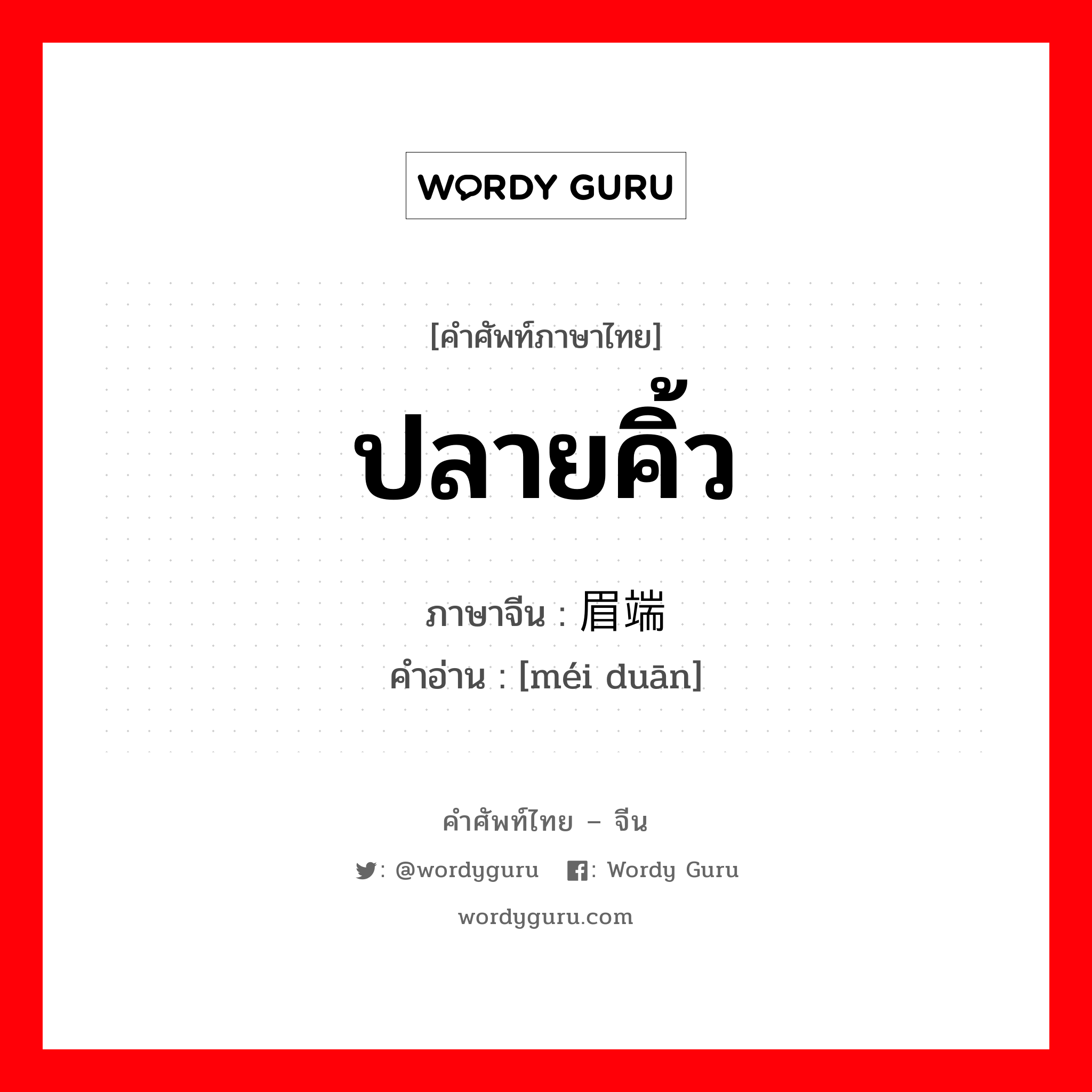 ปลายคิ้ว ภาษาจีนคืออะไร, คำศัพท์ภาษาไทย - จีน ปลายคิ้ว ภาษาจีน 眉端 คำอ่าน [méi duān]