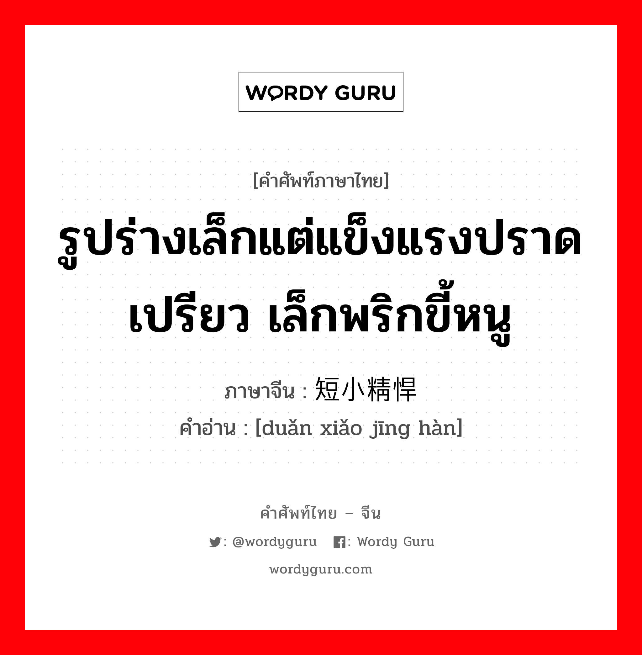 รูปร่างเล็กแต่แข็งแรงปราดเปรียว เล็กพริกขี้หนู ภาษาจีนคืออะไร, คำศัพท์ภาษาไทย - จีน รูปร่างเล็กแต่แข็งแรงปราดเปรียว เล็กพริกขี้หนู ภาษาจีน 短小精悍 คำอ่าน [duǎn xiǎo jīng hàn]