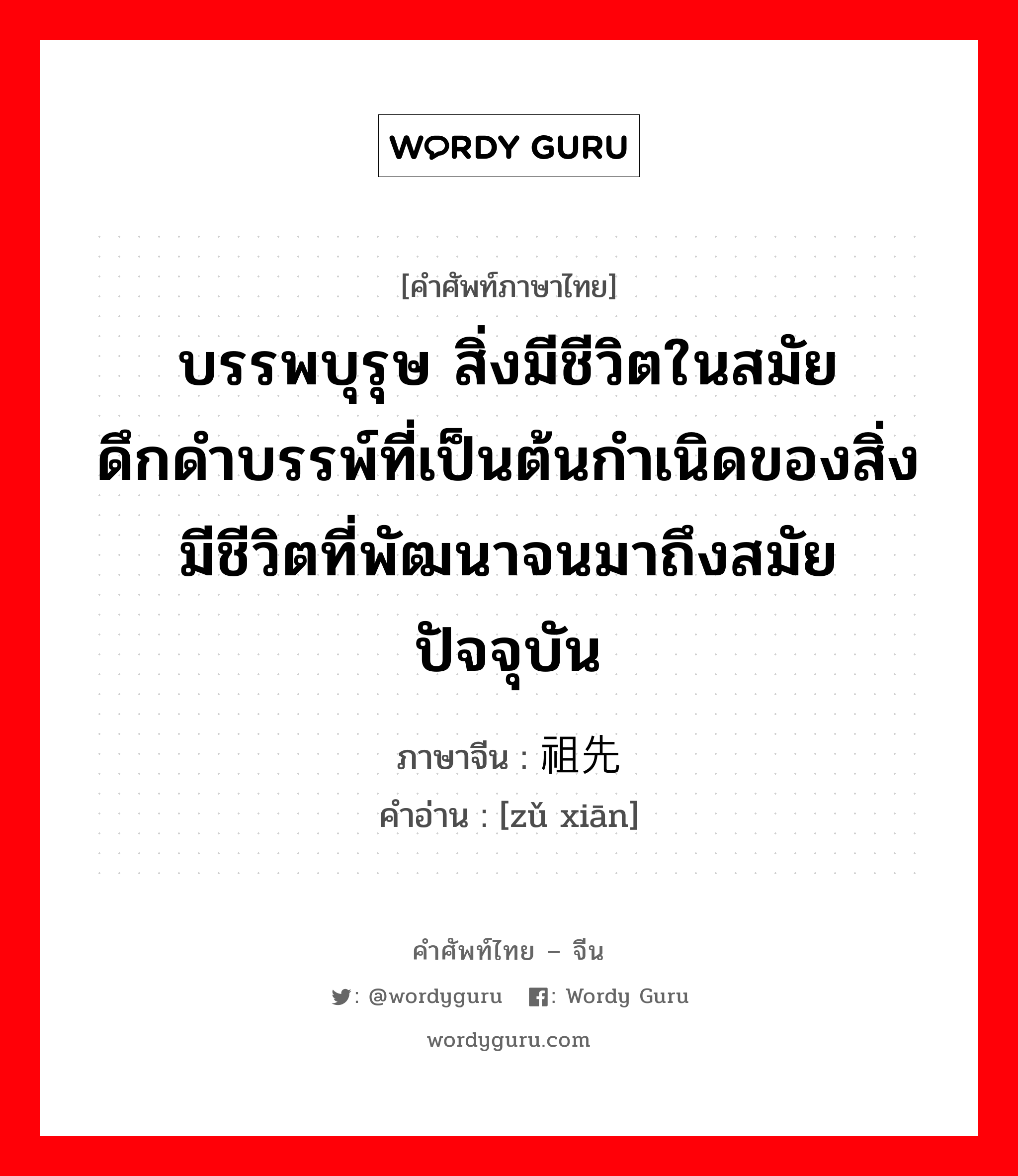 บรรพบุรุษ สิ่งมีชีวิตในสมัยดึกดำบรรพ์ที่เป็นต้นกำเนิดของสิ่งมีชีวิตที่พัฒนาจนมาถึงสมัยปัจจุบัน ภาษาจีนคืออะไร, คำศัพท์ภาษาไทย - จีน บรรพบุรุษ สิ่งมีชีวิตในสมัยดึกดำบรรพ์ที่เป็นต้นกำเนิดของสิ่งมีชีวิตที่พัฒนาจนมาถึงสมัยปัจจุบัน ภาษาจีน 祖先 คำอ่าน [zǔ xiān]