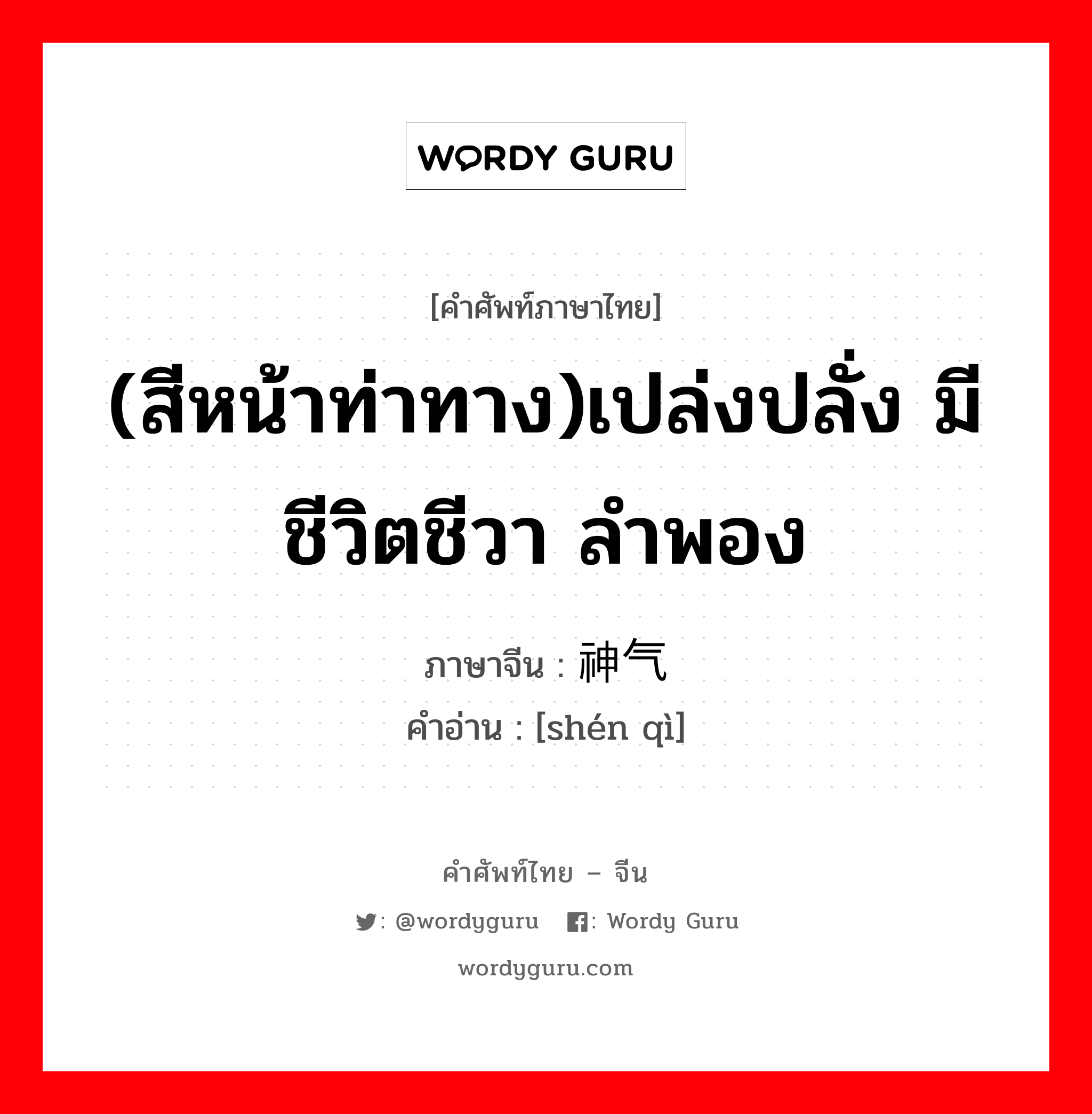 (สีหน้าท่าทาง)เปล่งปลั่ง มีชีวิตชีวา ลำพอง ภาษาจีนคืออะไร, คำศัพท์ภาษาไทย - จีน (สีหน้าท่าทาง)เปล่งปลั่ง มีชีวิตชีวา ลำพอง ภาษาจีน 神气 คำอ่าน [shén qì]