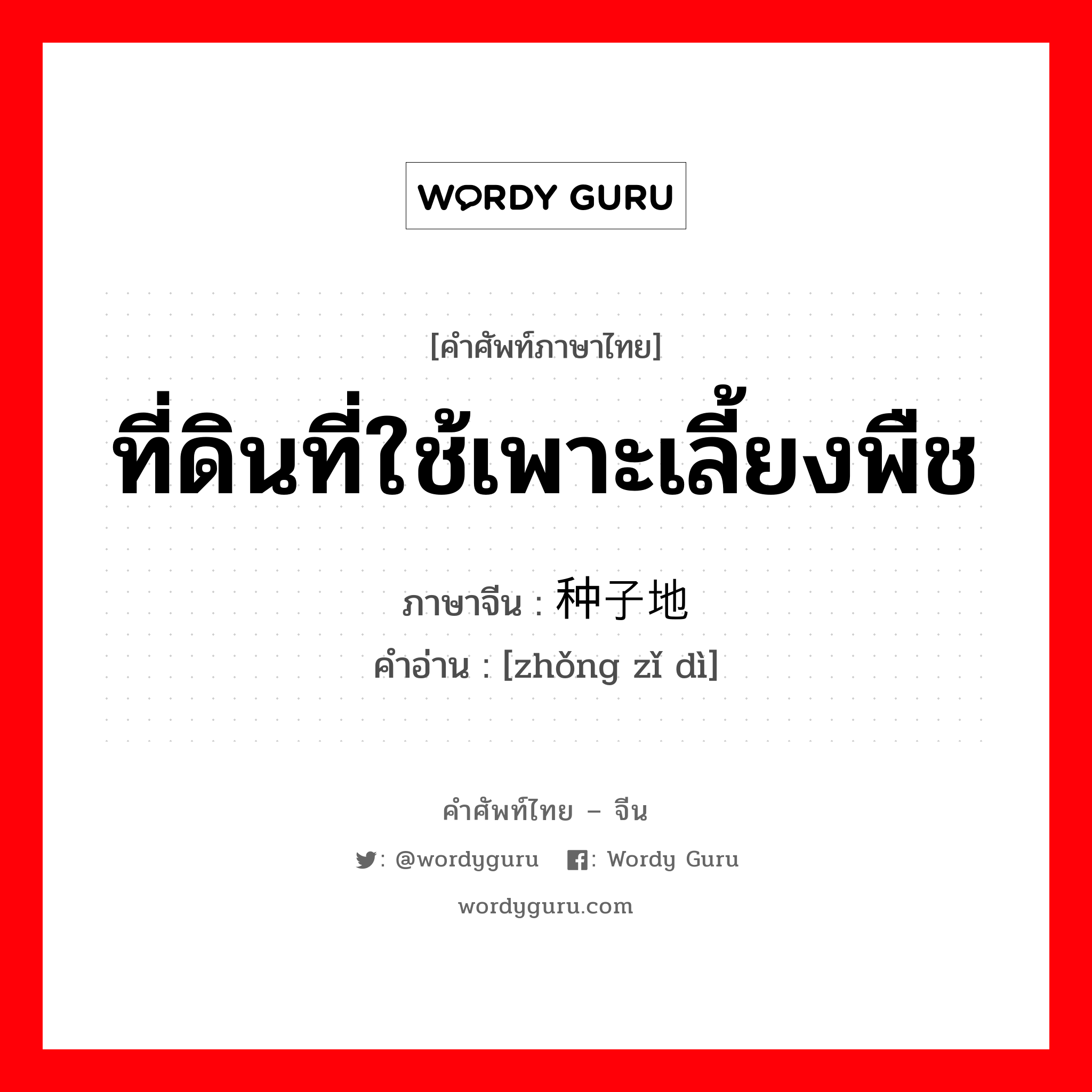 ที่ดินที่ใช้เพาะเลี้ยงพืช ภาษาจีนคืออะไร, คำศัพท์ภาษาไทย - จีน ที่ดินที่ใช้เพาะเลี้ยงพืช ภาษาจีน 种子地 คำอ่าน [zhǒng zǐ dì]