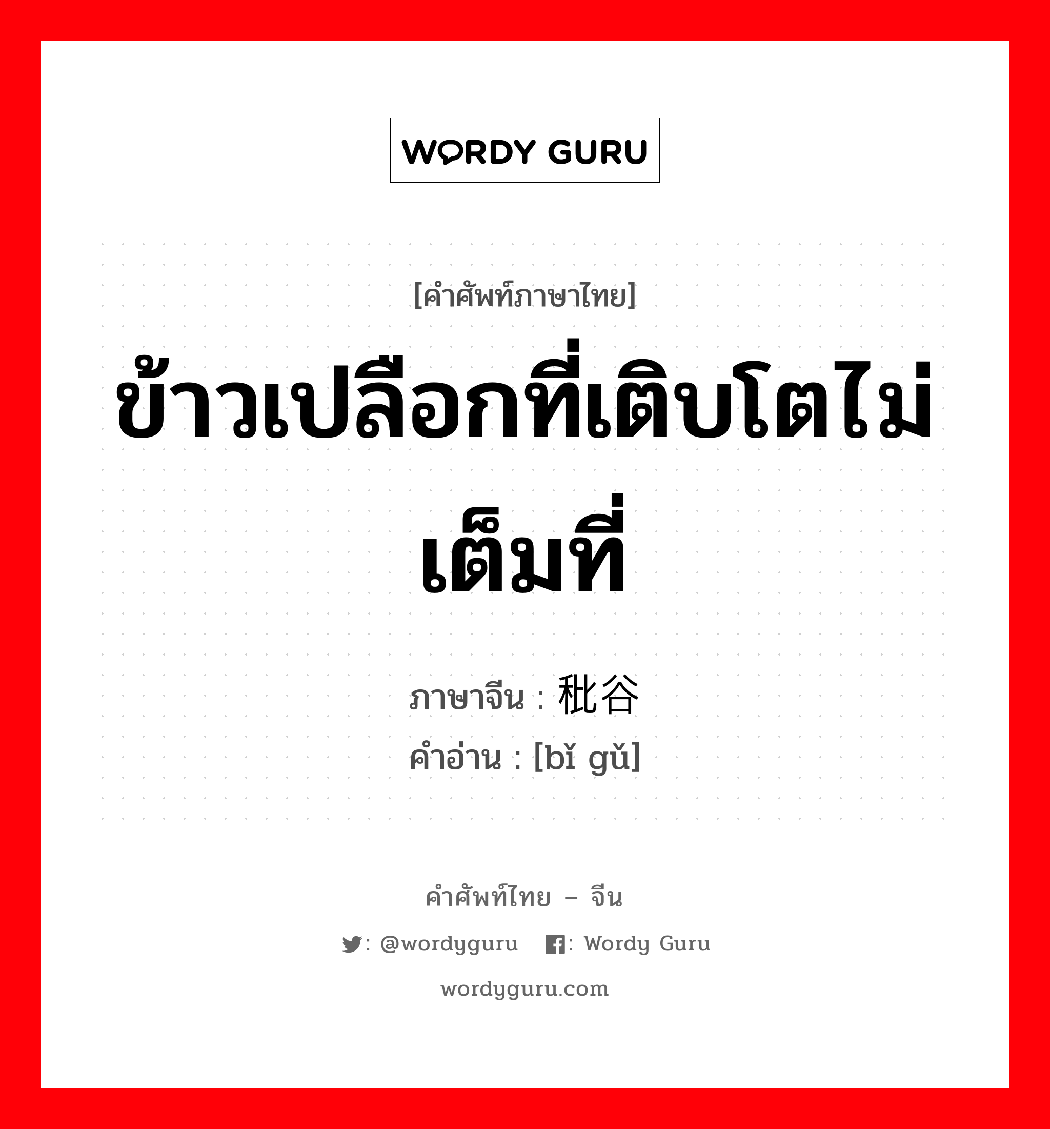 ข้าวเปลือกที่เติบโตไม่เต็มที่ ภาษาจีนคืออะไร, คำศัพท์ภาษาไทย - จีน ข้าวเปลือกที่เติบโตไม่เต็มที่ ภาษาจีน 秕谷 คำอ่าน [bǐ gǔ]