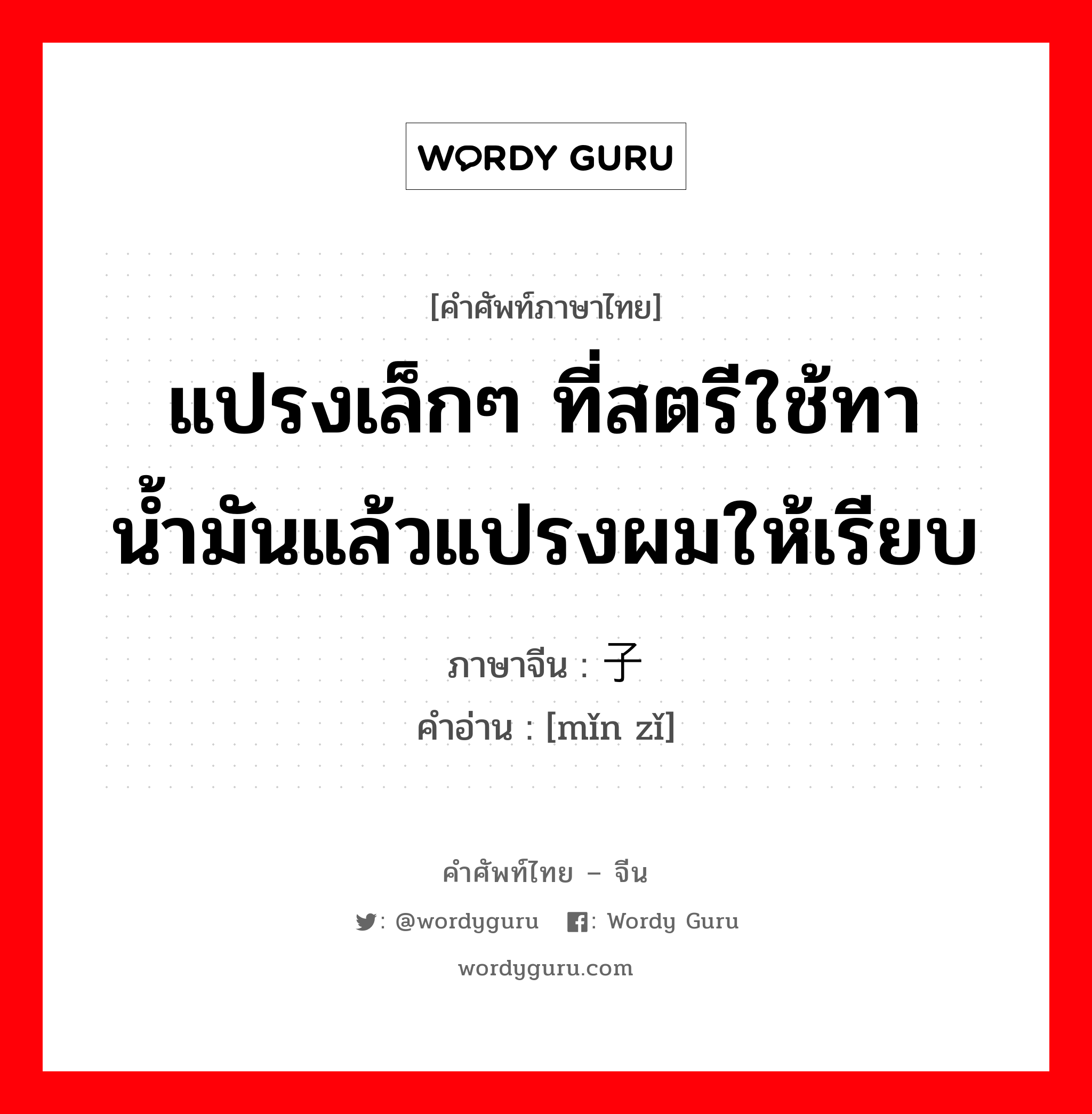 แปรงเล็กๆ ที่สตรีใช้ทาน้ำมันแล้วแปรงผมให้เรียบ ภาษาจีนคืออะไร, คำศัพท์ภาษาไทย - จีน แปรงเล็กๆ ที่สตรีใช้ทาน้ำมันแล้วแปรงผมให้เรียบ ภาษาจีน 笢子 คำอ่าน [mǐn zǐ]