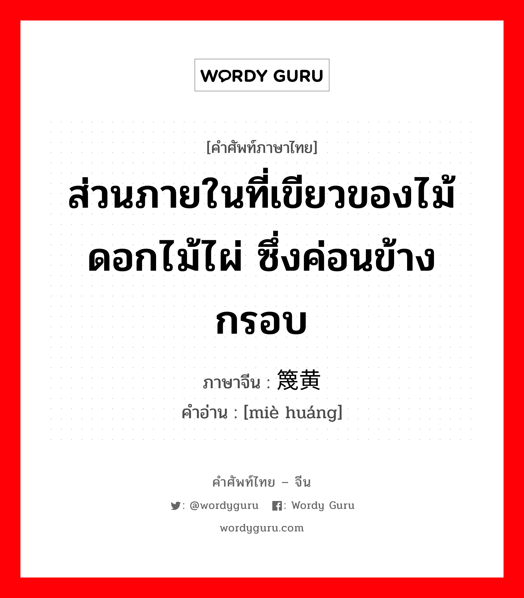 ส่วนภายในที่เขียวของไม้ดอกไม้ไผ่ ซึ่งค่อนข้างกรอบ ภาษาจีนคืออะไร, คำศัพท์ภาษาไทย - จีน ส่วนภายในที่เขียวของไม้ดอกไม้ไผ่ ซึ่งค่อนข้างกรอบ ภาษาจีน 篾黄 คำอ่าน [miè huáng]