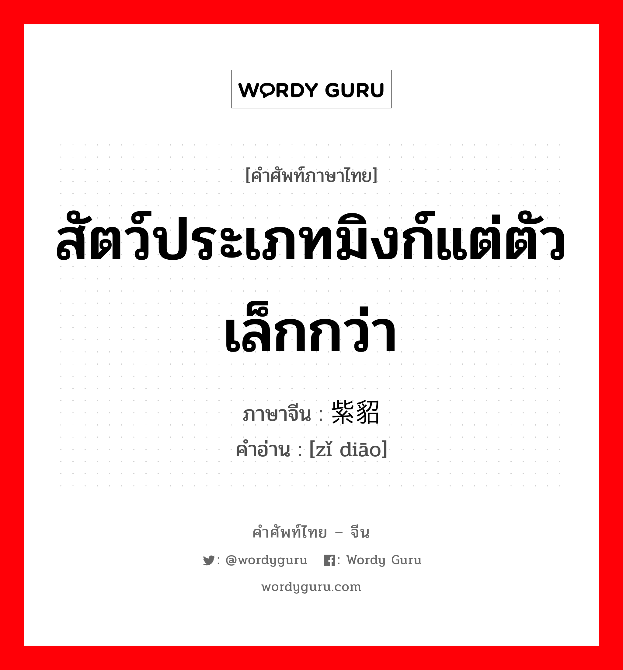 สัตว์ประเภทมิงก์แต่ตัวเล็กกว่า ภาษาจีนคืออะไร, คำศัพท์ภาษาไทย - จีน สัตว์ประเภทมิงก์แต่ตัวเล็กกว่า ภาษาจีน 紫貂 คำอ่าน [zǐ diāo]