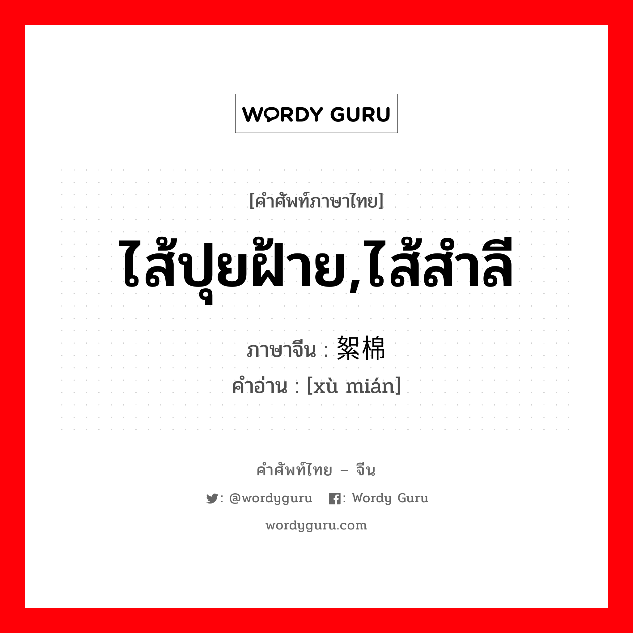 ไส้ปุยฝ้าย,ไส้สำลี ภาษาจีนคืออะไร, คำศัพท์ภาษาไทย - จีน ไส้ปุยฝ้าย,ไส้สำลี ภาษาจีน 絮棉 คำอ่าน [xù mián]