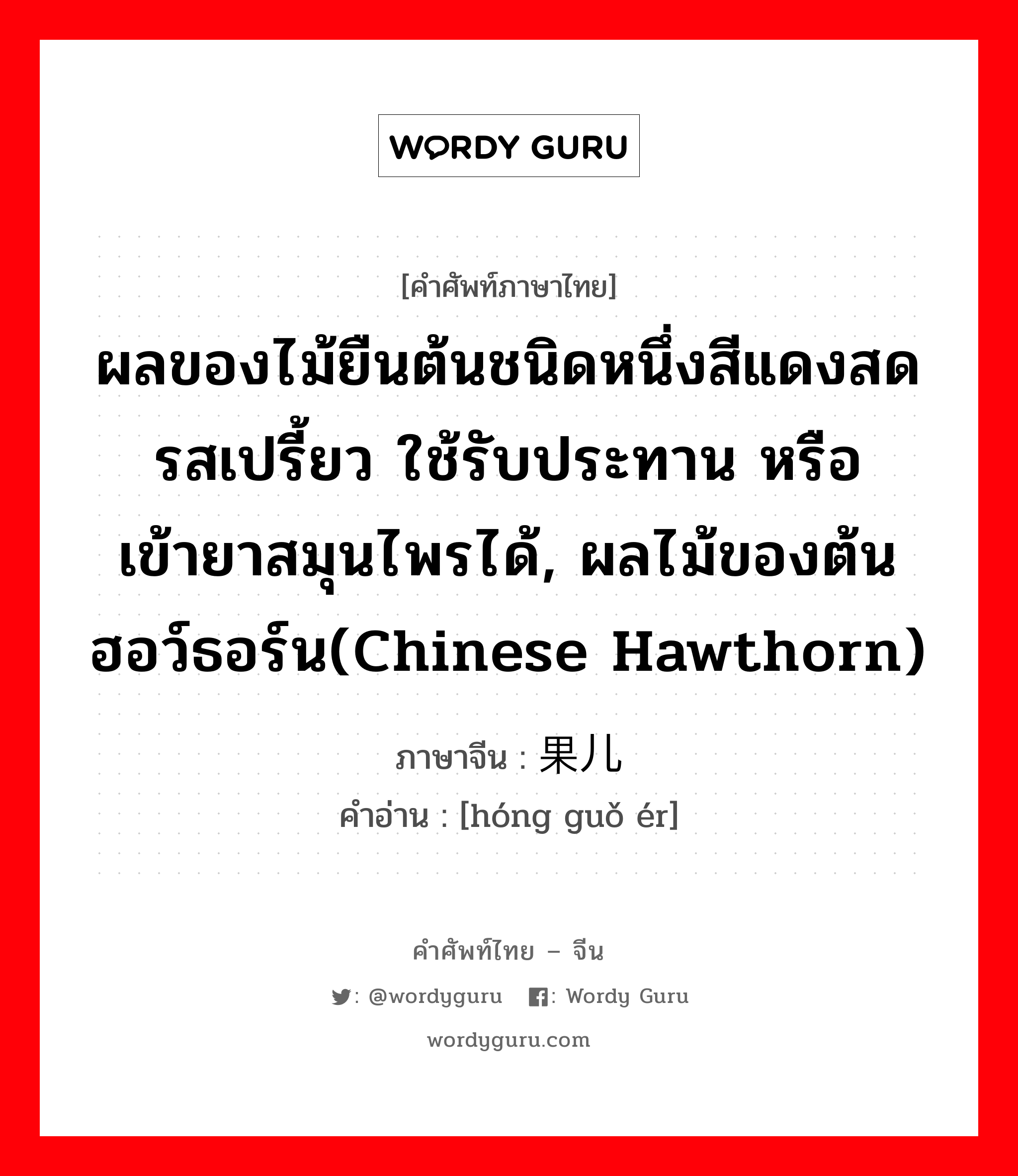 ผลของไม้ยืนต้นชนิดหนึ่งสีแดงสด รสเปรี้ยว ใช้รับประทาน หรือเข้ายาสมุนไพรได้, ผลไม้ของต้นฮอว์ธอร์น(Chinese hawthorn) ภาษาจีนคืออะไร, คำศัพท์ภาษาไทย - จีน ผลของไม้ยืนต้นชนิดหนึ่งสีแดงสด รสเปรี้ยว ใช้รับประทาน หรือเข้ายาสมุนไพรได้, ผลไม้ของต้นฮอว์ธอร์น(Chinese hawthorn) ภาษาจีน 红果儿 คำอ่าน [hóng guǒ ér]