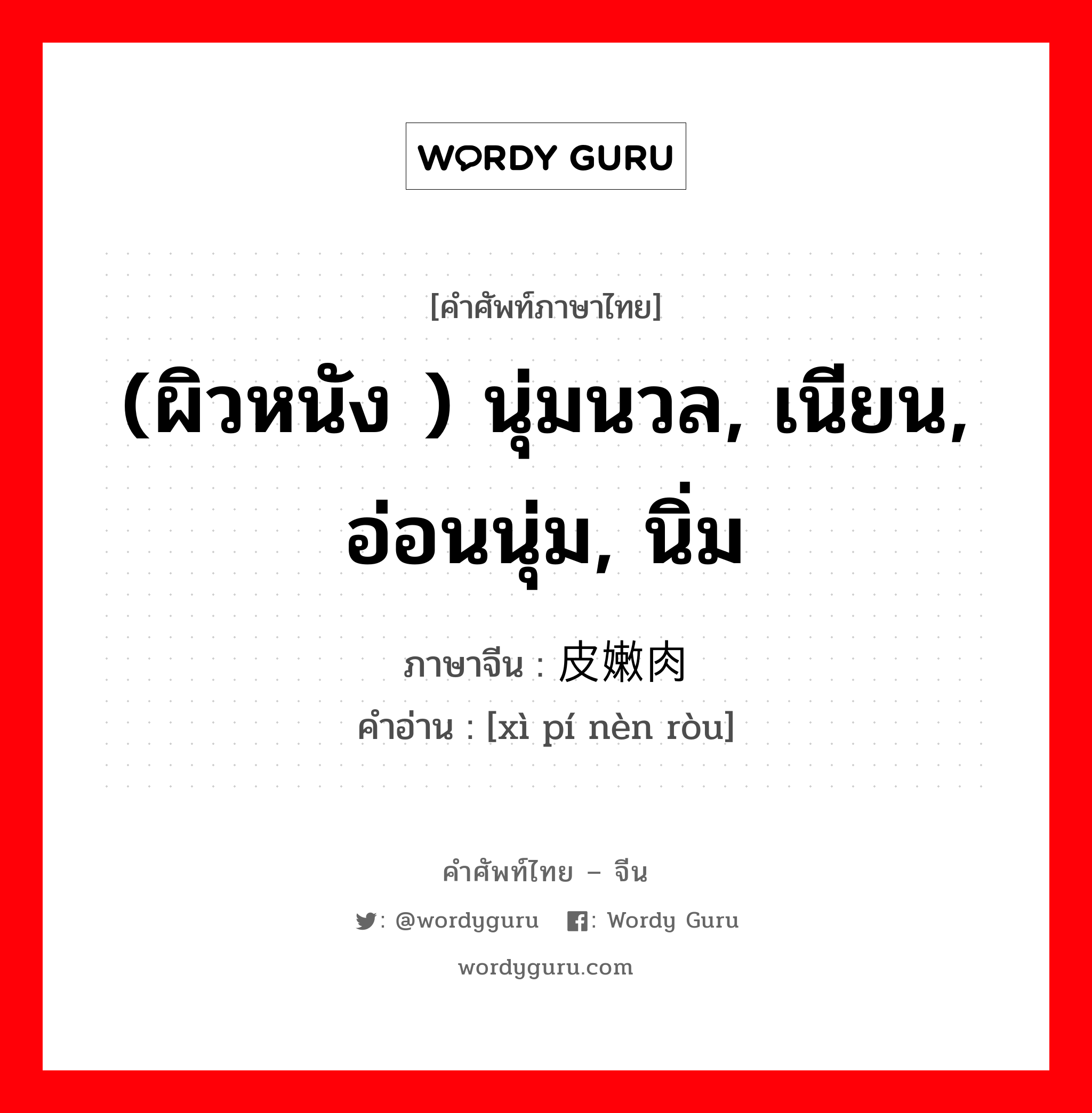 (ผิวหนัง ) นุ่มนวล, เนียน, อ่อนนุ่ม, นิ่ม ภาษาจีนคืออะไร, คำศัพท์ภาษาไทย - จีน (ผิวหนัง ) นุ่มนวล, เนียน, อ่อนนุ่ม, นิ่ม ภาษาจีน 细皮嫩肉 คำอ่าน [xì pí nèn ròu]