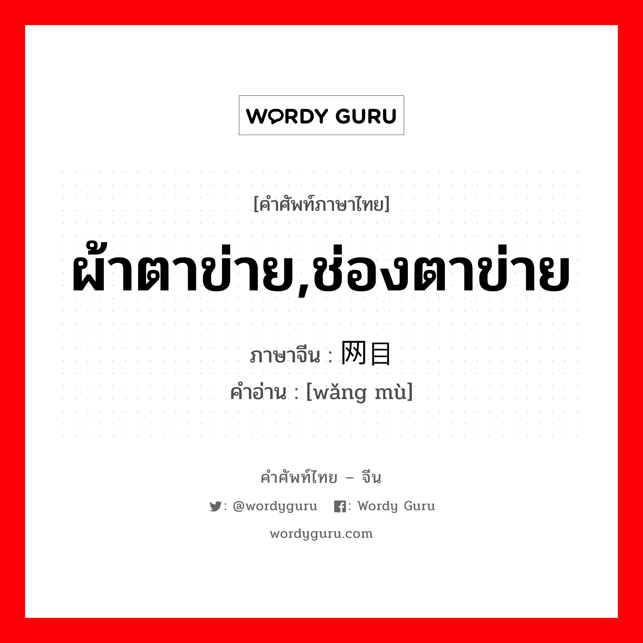 ผ้าตาข่าย,ช่องตาข่าย ภาษาจีนคืออะไร, คำศัพท์ภาษาไทย - จีน ผ้าตาข่าย,ช่องตาข่าย ภาษาจีน 网目 คำอ่าน [wǎng mù]