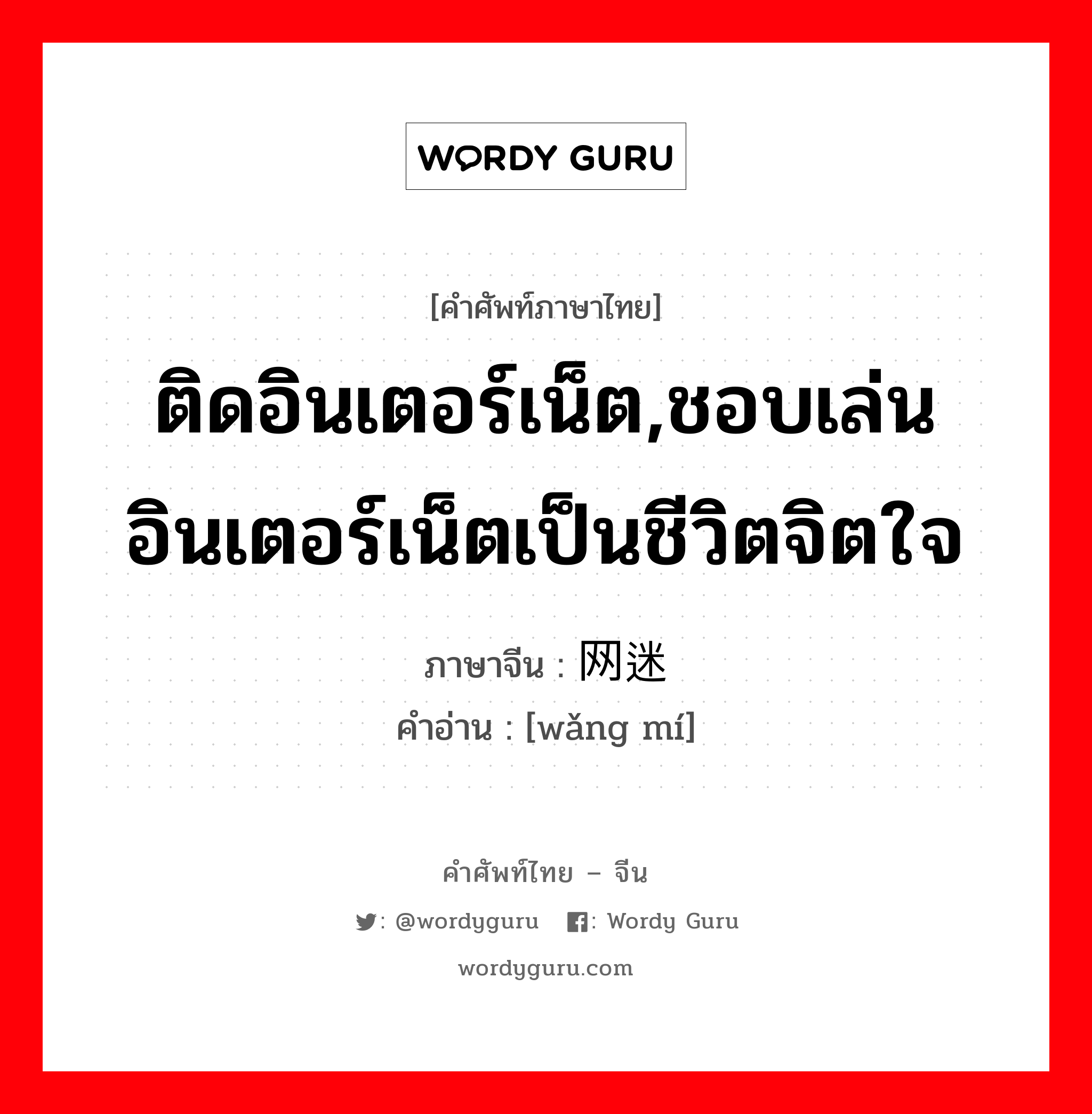 ติดอินเตอร์เน็ต,ชอบเล่นอินเตอร์เน็ตเป็นชีวิตจิตใจ ภาษาจีนคืออะไร, คำศัพท์ภาษาไทย - จีน ติดอินเตอร์เน็ต,ชอบเล่นอินเตอร์เน็ตเป็นชีวิตจิตใจ ภาษาจีน 网迷 คำอ่าน [wǎng mí]