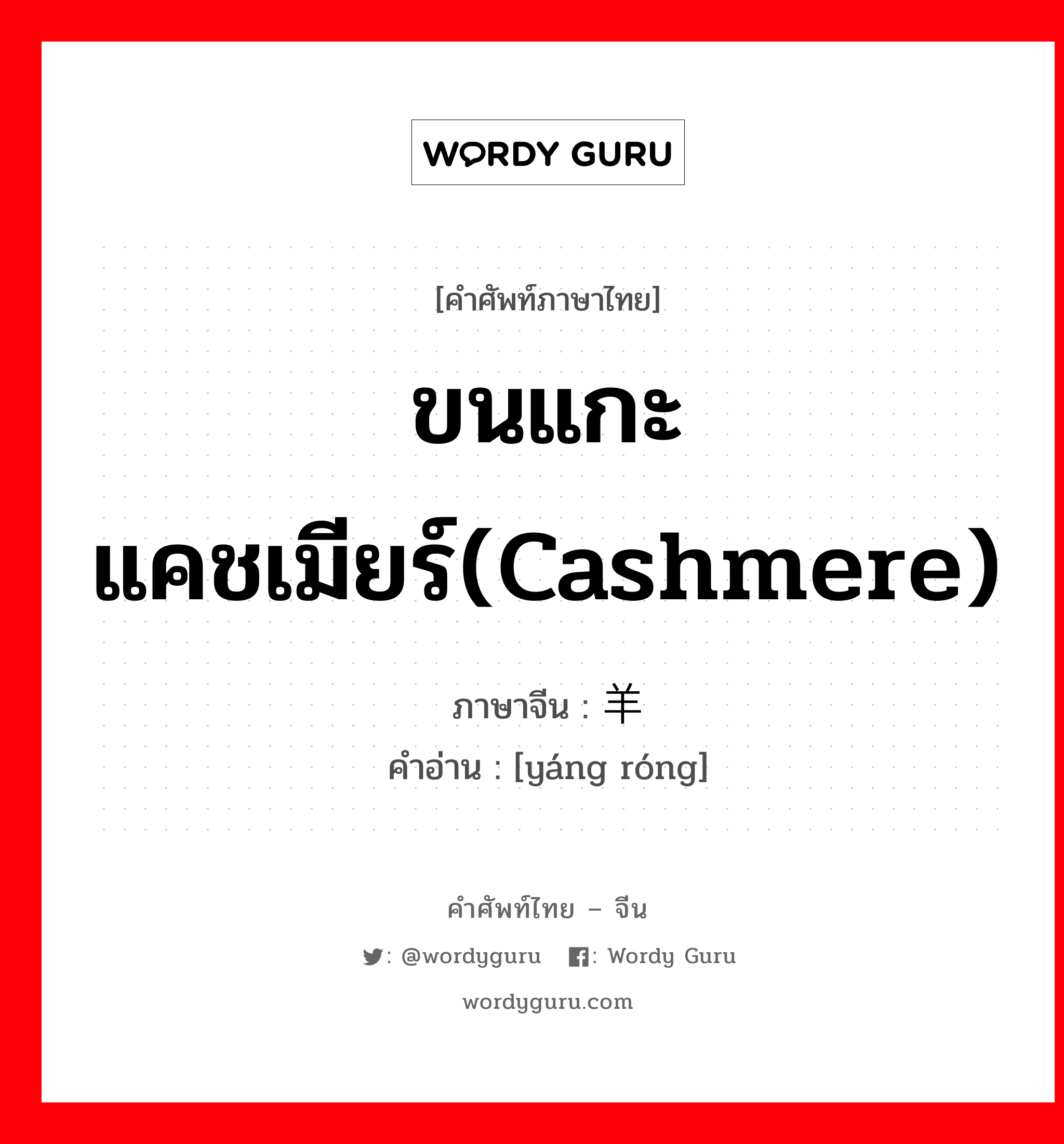 ขนแกะแคชเมียร์(cashmere) ภาษาจีนคืออะไร, คำศัพท์ภาษาไทย - จีน ขนแกะแคชเมียร์(cashmere) ภาษาจีน 羊绒 คำอ่าน [yáng róng]