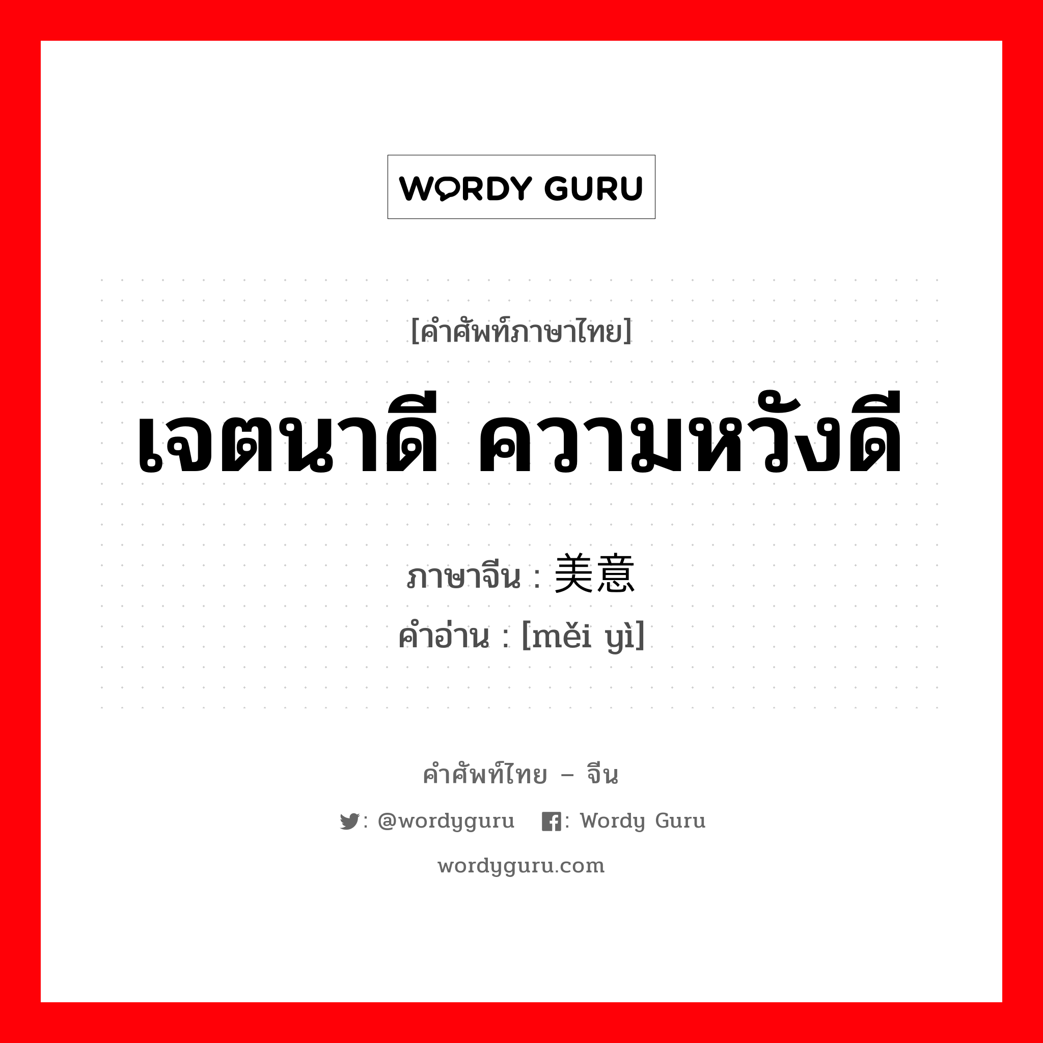 เจตนาดี ความหวังดี ภาษาจีนคืออะไร, คำศัพท์ภาษาไทย - จีน เจตนาดี ความหวังดี ภาษาจีน 美意 คำอ่าน [měi yì]