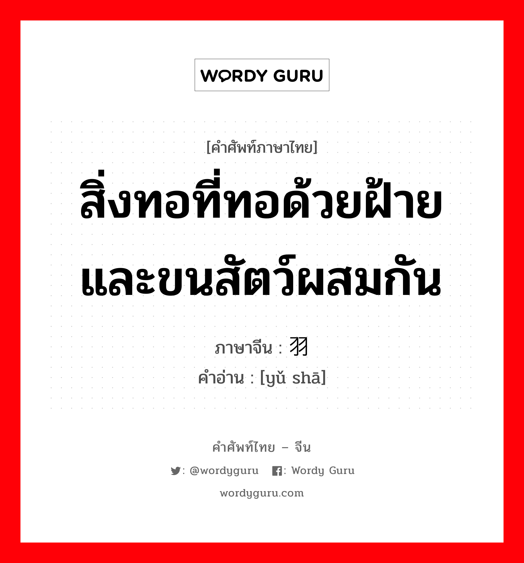 สิ่งทอที่ทอด้วยฝ้ายและขนสัตว์ผสมกัน ภาษาจีนคืออะไร, คำศัพท์ภาษาไทย - จีน สิ่งทอที่ทอด้วยฝ้ายและขนสัตว์ผสมกัน ภาษาจีน 羽纱 คำอ่าน [yǔ shā]