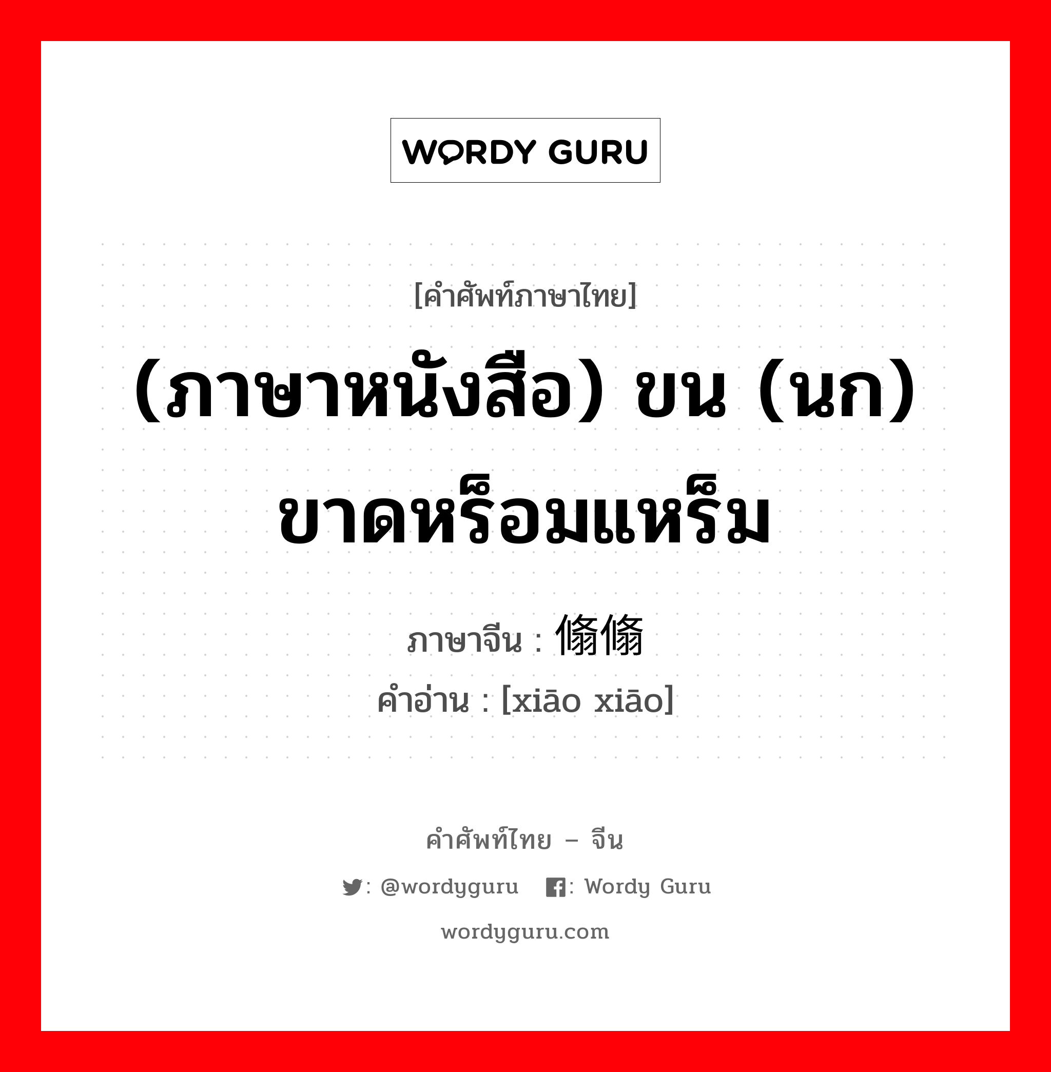 (ภาษาหนังสือ) ขน (นก) ขาดหร็อมแหร็ม ภาษาจีนคืออะไร, คำศัพท์ภาษาไทย - จีน (ภาษาหนังสือ) ขน (นก) ขาดหร็อมแหร็ม ภาษาจีน 翛翛 คำอ่าน [xiāo xiāo]