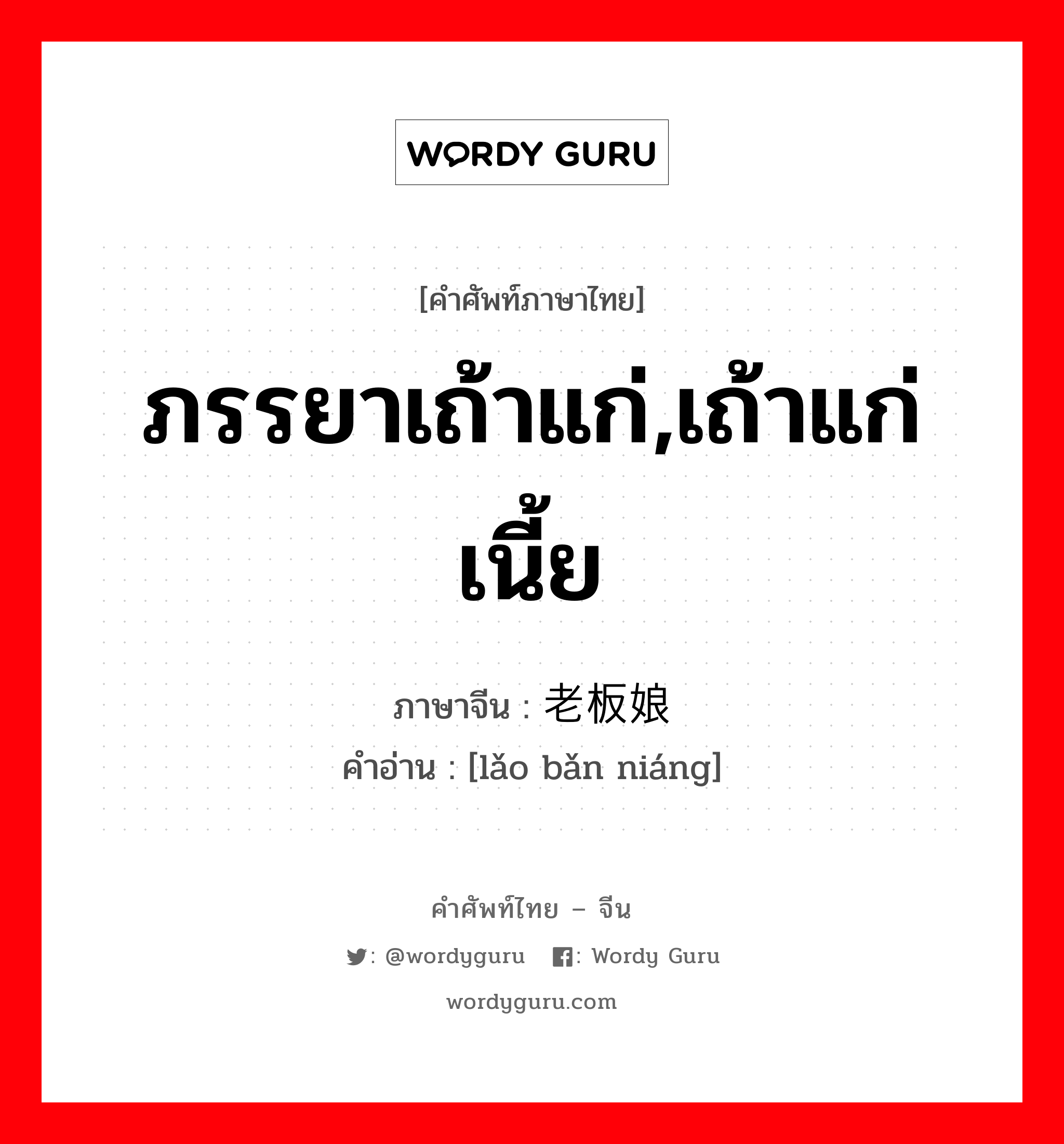 ภรรยาเถ้าแก่,เถ้าแก่เนี้ย ภาษาจีนคืออะไร, คำศัพท์ภาษาไทย - จีน ภรรยาเถ้าแก่,เถ้าแก่เนี้ย ภาษาจีน 老板娘 คำอ่าน [lǎo bǎn niáng]