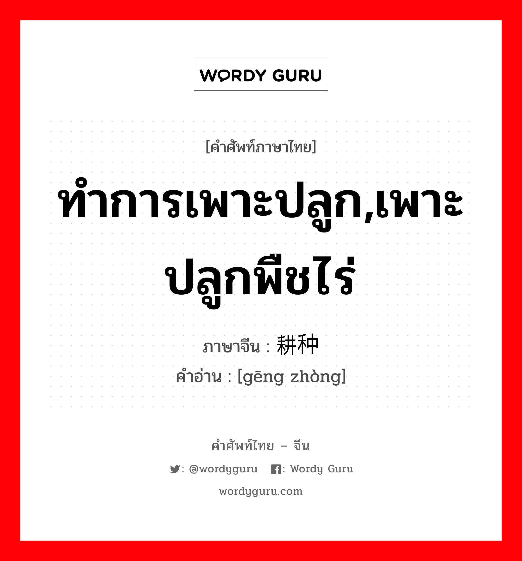 ทำการเพาะปลูก,เพาะปลูกพืชไร่ ภาษาจีนคืออะไร, คำศัพท์ภาษาไทย - จีน ทำการเพาะปลูก,เพาะปลูกพืชไร่ ภาษาจีน 耕种 คำอ่าน [gēng zhòng]