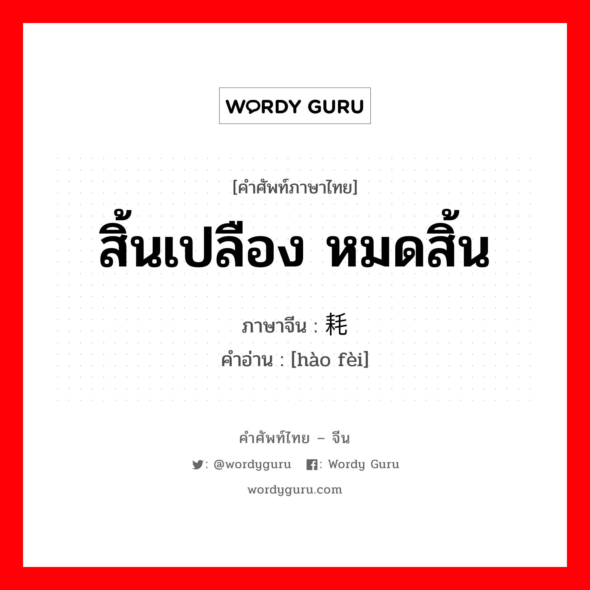 สิ้นเปลือง หมดสิ้น ภาษาจีนคืออะไร, คำศัพท์ภาษาไทย - จีน สิ้นเปลือง หมดสิ้น ภาษาจีน 耗费 คำอ่าน [hào fèi]