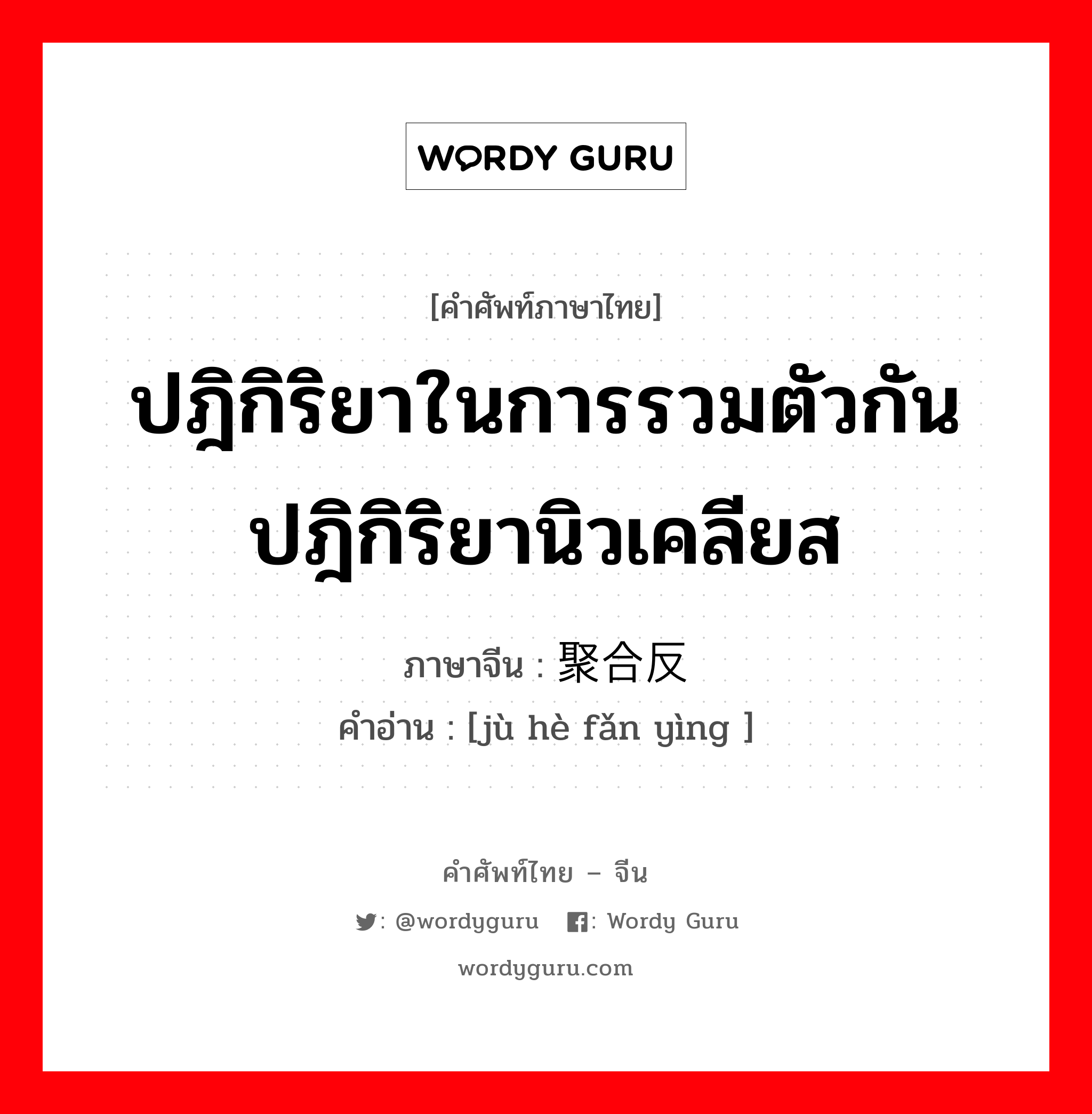 ปฎิกิริยาในการรวมตัวกันปฎิกิริยานิวเคลียส ภาษาจีนคืออะไร, คำศัพท์ภาษาไทย - จีน ปฎิกิริยาในการรวมตัวกันปฎิกิริยานิวเคลียส ภาษาจีน 聚合反应 คำอ่าน [jù hè fǎn yìng ]