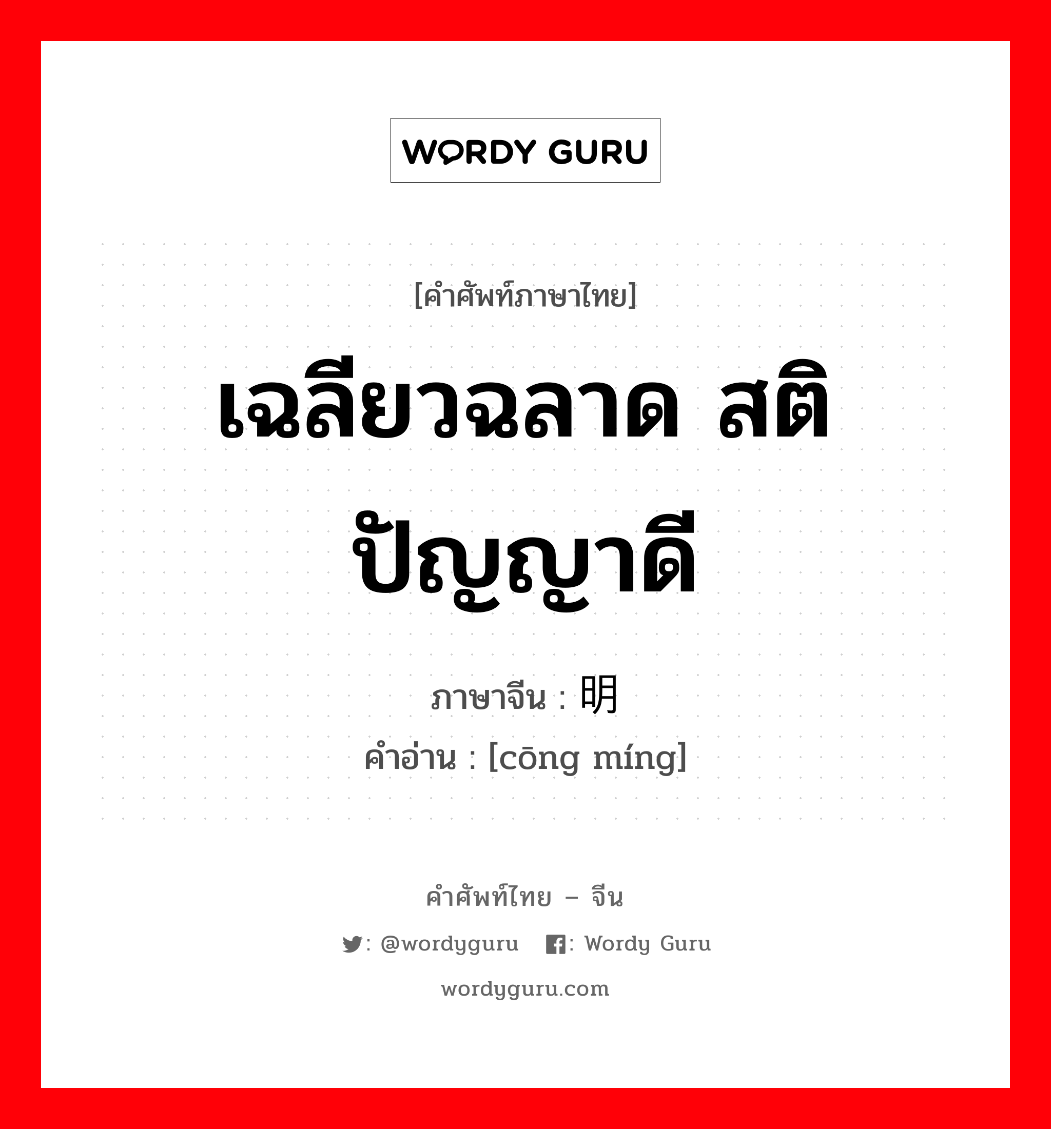 เฉลียวฉลาด สติปัญญาดี ภาษาจีนคืออะไร, คำศัพท์ภาษาไทย - จีน เฉลียวฉลาด สติปัญญาดี ภาษาจีน 聪明 คำอ่าน [cōng míng]