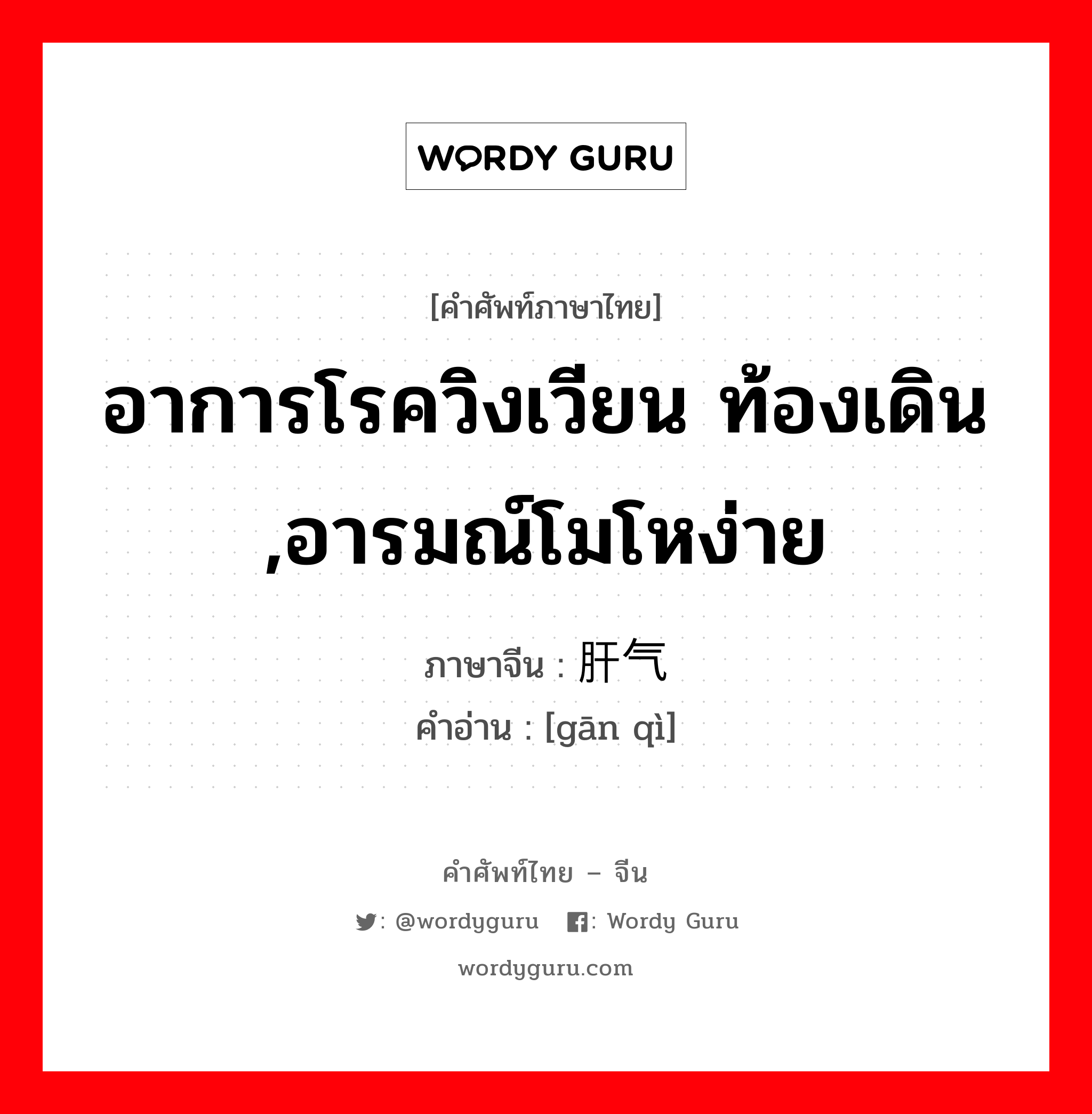 อาการโรควิงเวียน ท้องเดิน ,อารมณ์โมโหง่าย ภาษาจีนคืออะไร, คำศัพท์ภาษาไทย - จีน อาการโรควิงเวียน ท้องเดิน ,อารมณ์โมโหง่าย ภาษาจีน 肝气 คำอ่าน [gān qì]