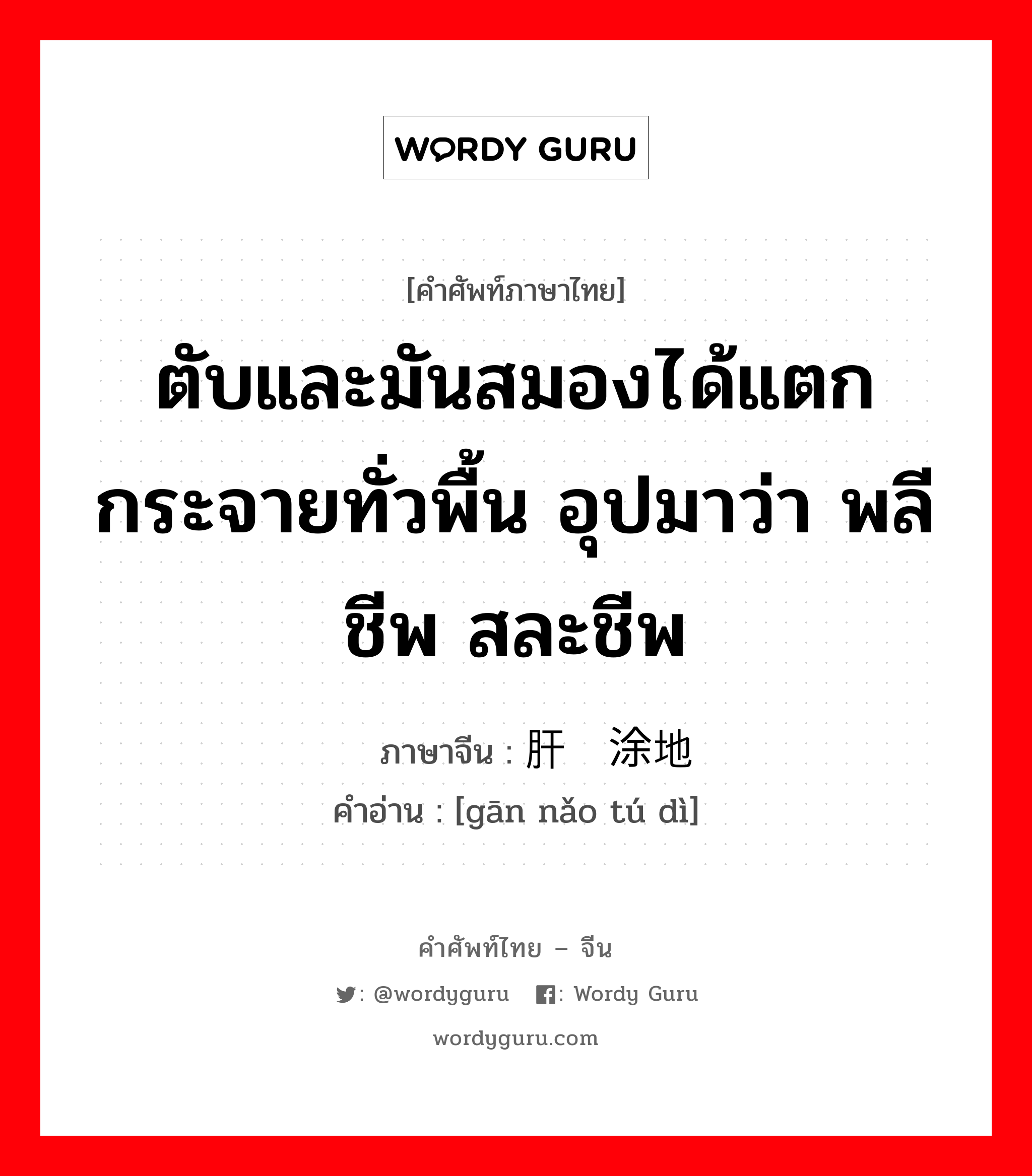 ตับและมันสมองได้แตกกระจายทั่วพื้น อุปมาว่า พลีชีพ สละชีพ ภาษาจีนคืออะไร, คำศัพท์ภาษาไทย - จีน ตับและมันสมองได้แตกกระจายทั่วพื้น อุปมาว่า พลีชีพ สละชีพ ภาษาจีน 肝脑涂地 คำอ่าน [gān nǎo tú dì]