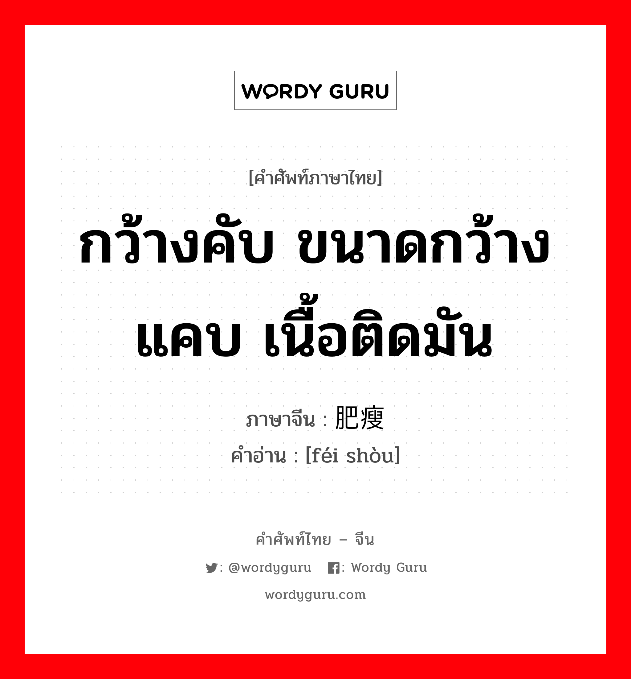 กว้างคับ ขนาดกว้างแคบ เนื้อติดมัน ภาษาจีนคืออะไร, คำศัพท์ภาษาไทย - จีน กว้างคับ ขนาดกว้างแคบ เนื้อติดมัน ภาษาจีน 肥瘦 คำอ่าน [féi shòu]