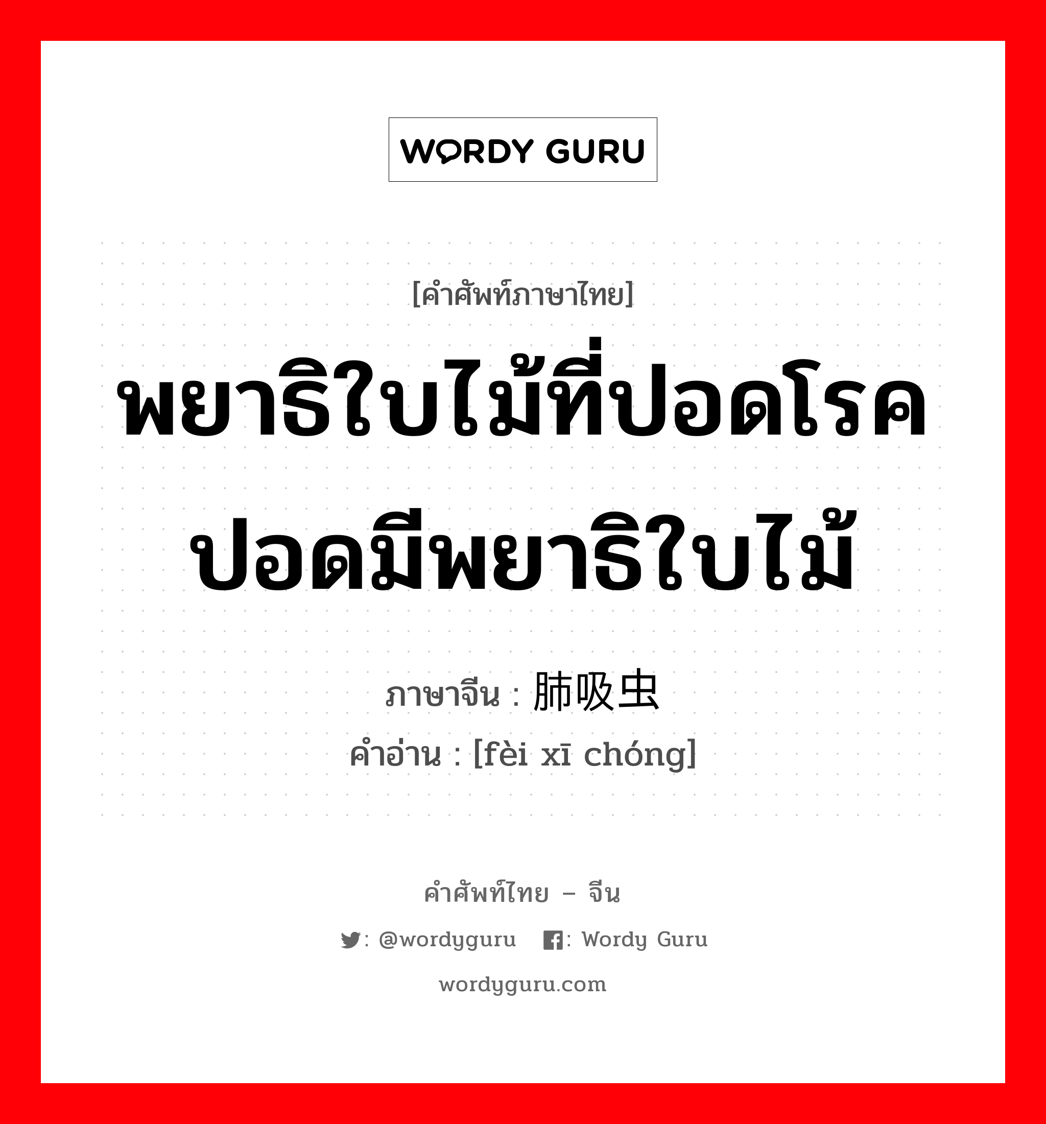 พยาธิใบไม้ที่ปอดโรคปอดมีพยาธิใบไม้ ภาษาจีนคืออะไร, คำศัพท์ภาษาไทย - จีน พยาธิใบไม้ที่ปอดโรคปอดมีพยาธิใบไม้ ภาษาจีน 肺吸虫 คำอ่าน [fèi xī chóng]