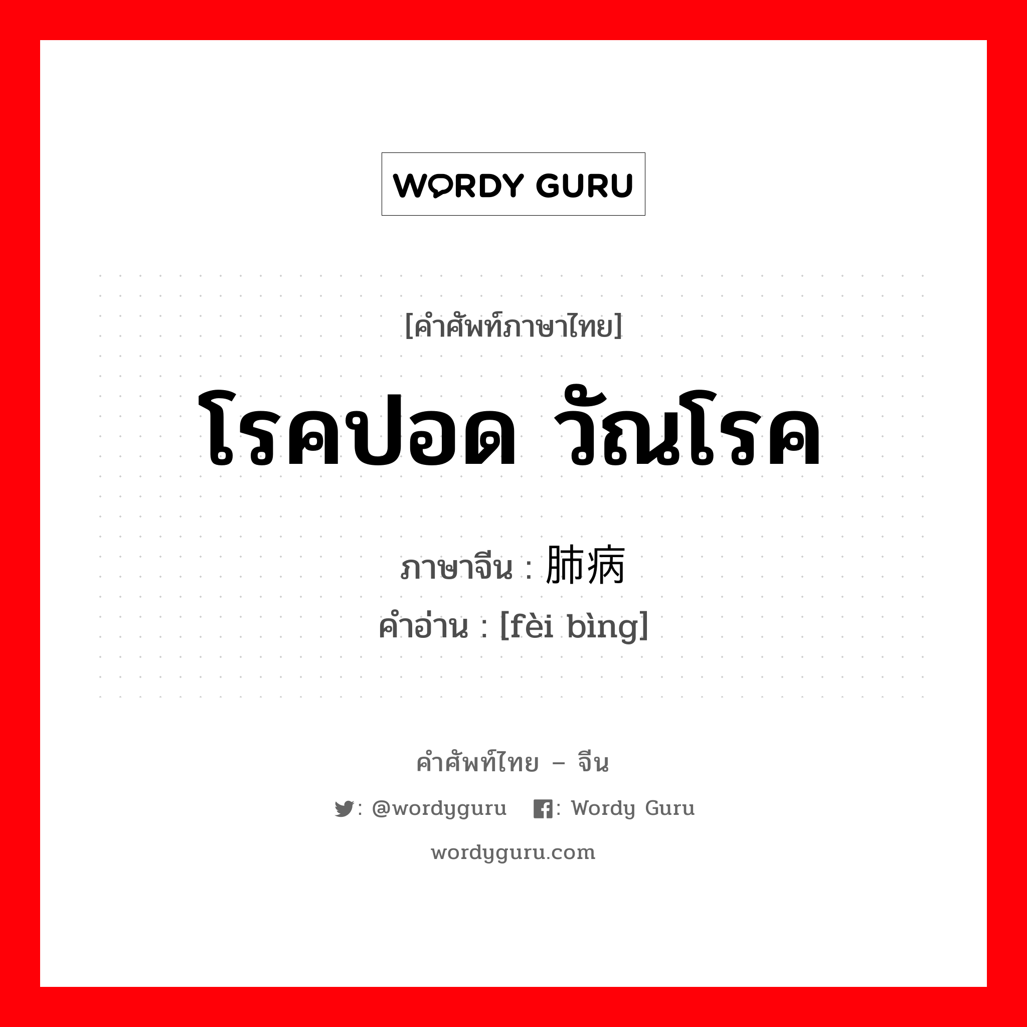 โรคปอด วัณโรค ภาษาจีนคืออะไร, คำศัพท์ภาษาไทย - จีน โรคปอด วัณโรค ภาษาจีน 肺病 คำอ่าน [fèi bìng]