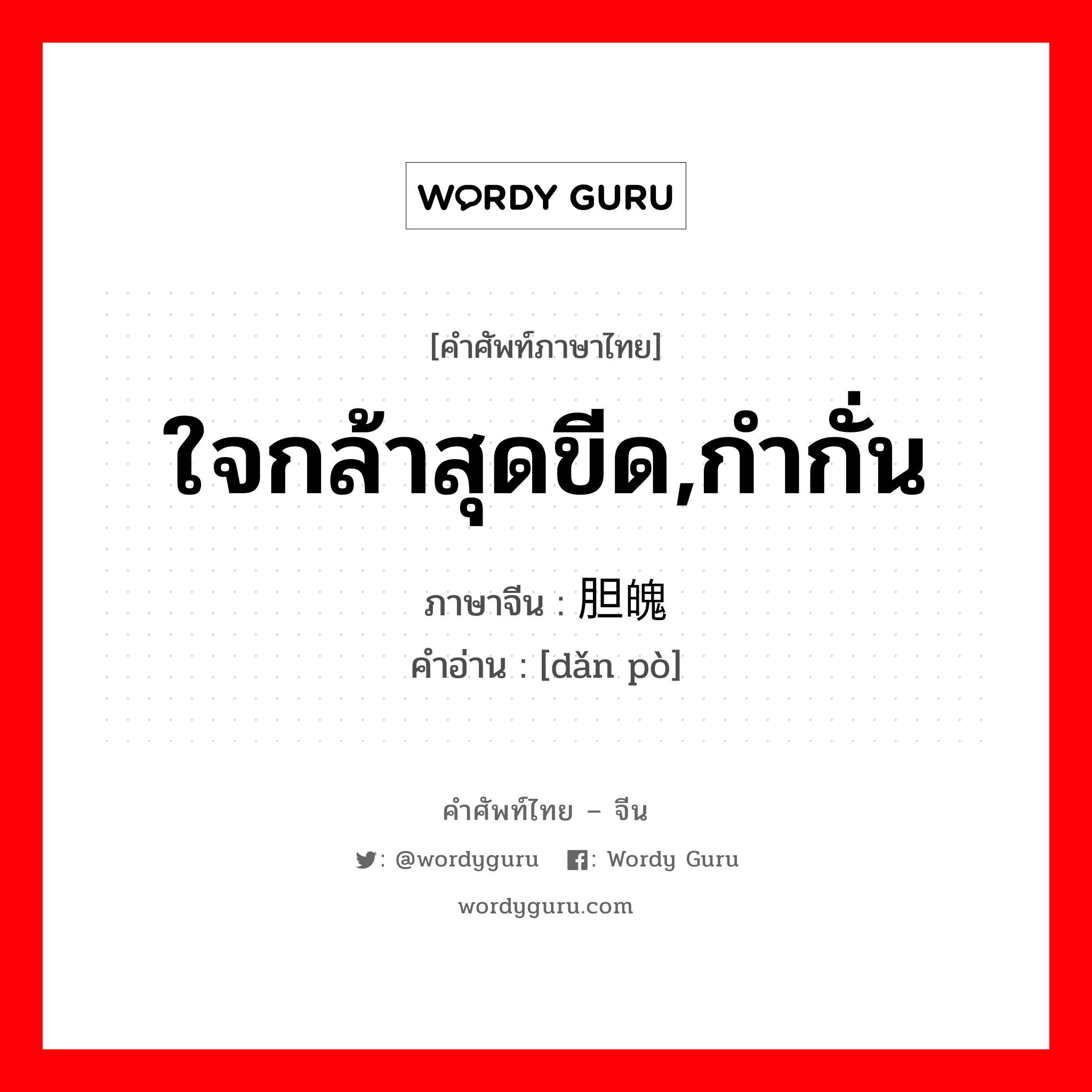 ใจกล้าสุดขีด,กำกั่น ภาษาจีนคืออะไร, คำศัพท์ภาษาไทย - จีน ใจกล้าสุดขีด,กำกั่น ภาษาจีน 胆魄 คำอ่าน [dǎn pò]