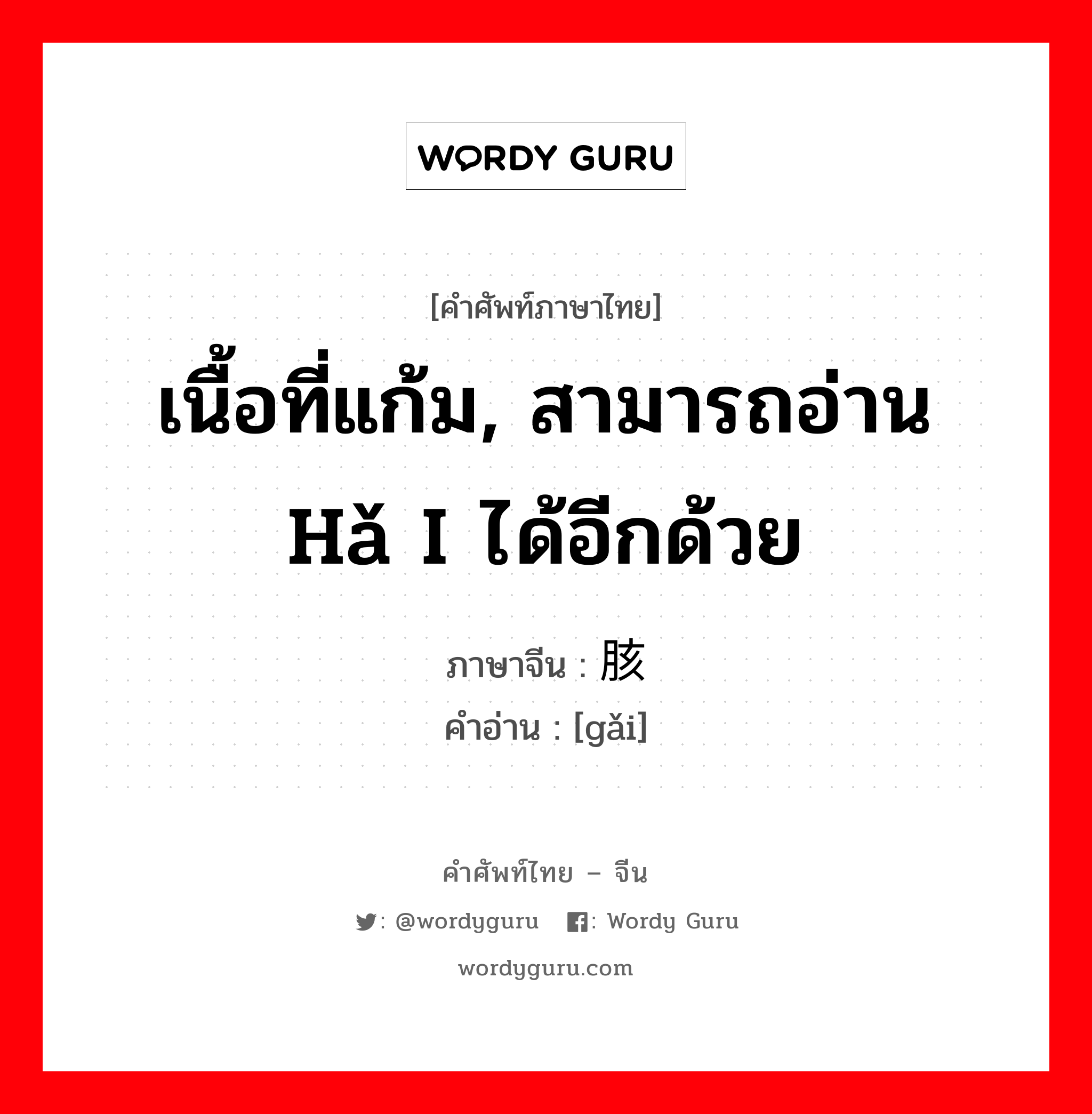 เนื้อที่แก้ม, สามารถอ่าน hǎ i ได้อีกด้วย ภาษาจีนคืออะไร, คำศัพท์ภาษาไทย - จีน เนื้อที่แก้ม, สามารถอ่าน hǎ i ได้อีกด้วย ภาษาจีน 胲 คำอ่าน [gǎi]