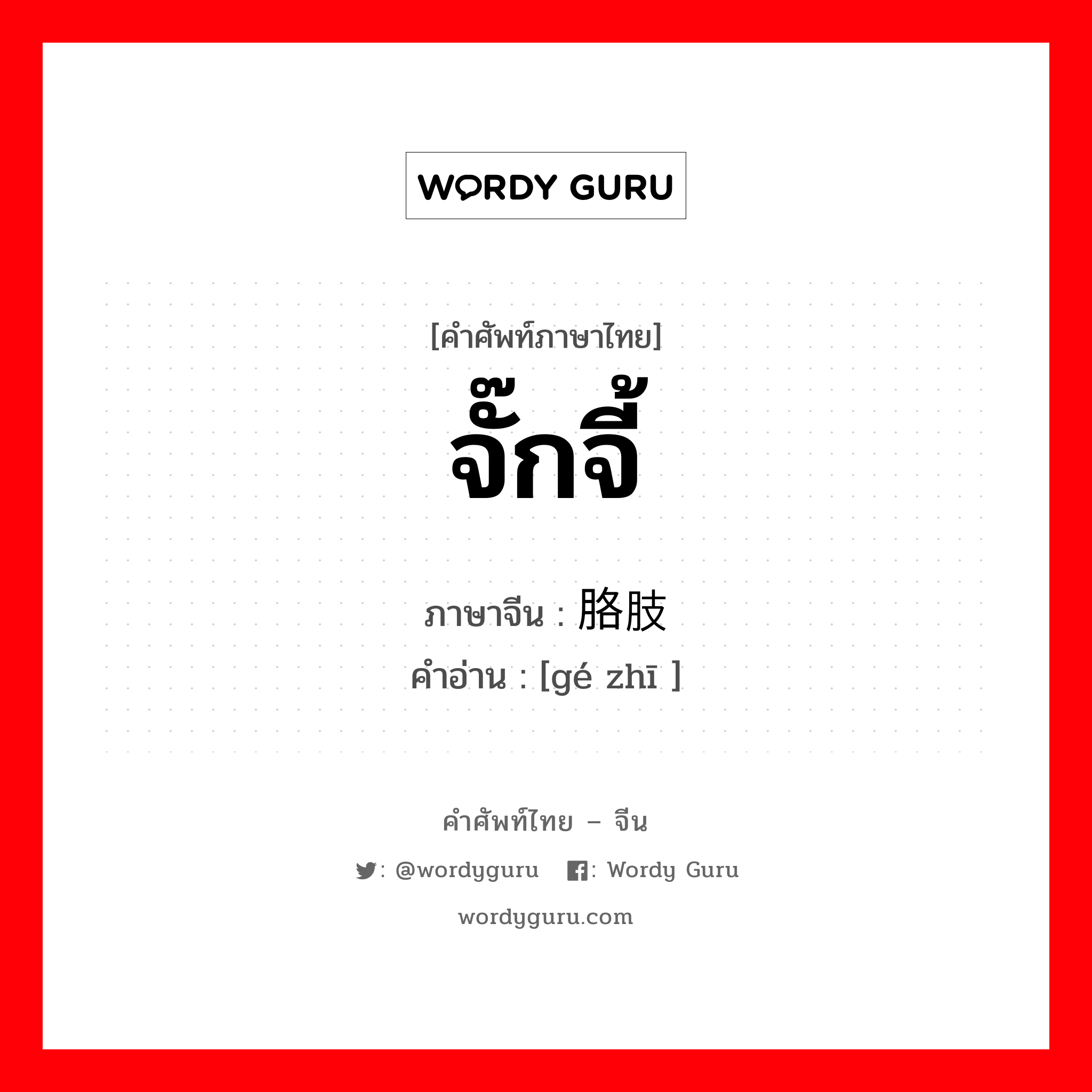 จั๊กจี้ ภาษาจีนคืออะไร, คำศัพท์ภาษาไทย - จีน จั๊กจี้ ภาษาจีน 胳肢 คำอ่าน [gé zhī ]