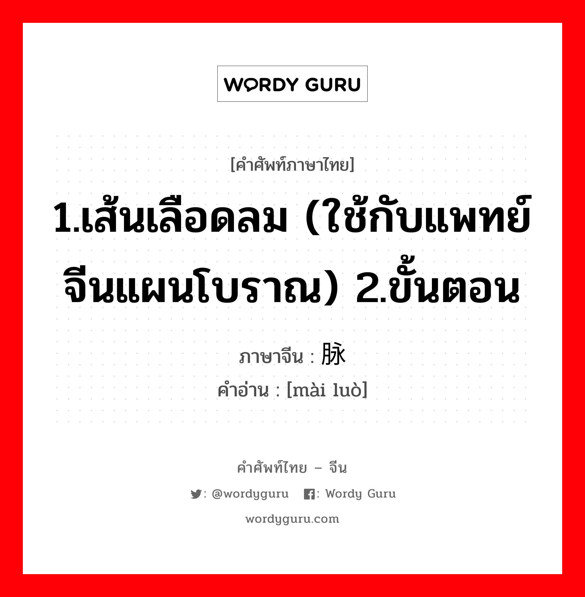 1.เส้นเลือดลม (ใช้กับแพทย์จีนแผนโบราณ) 2.ขั้นตอน ภาษาจีนคืออะไร, คำศัพท์ภาษาไทย - จีน 1.เส้นเลือดลม (ใช้กับแพทย์จีนแผนโบราณ) 2.ขั้นตอน ภาษาจีน 脉络 คำอ่าน [mài luò]