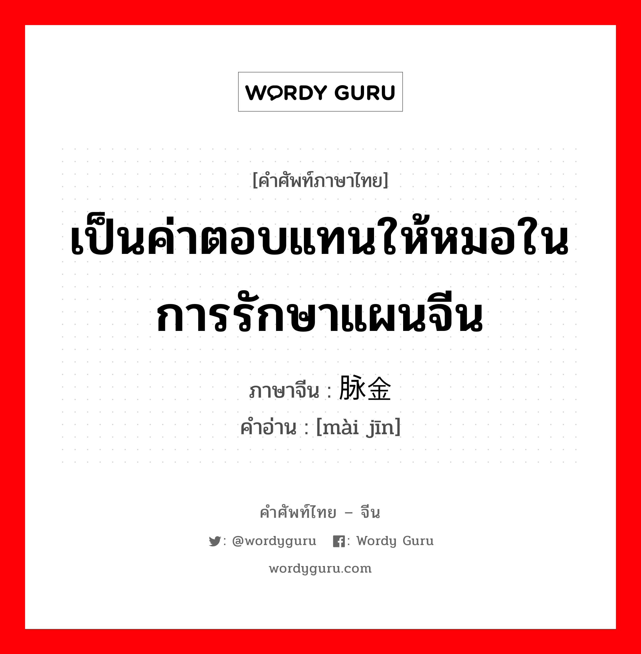 เป็นค่าตอบแทนให้หมอในการรักษาแผนจีน ภาษาจีนคืออะไร, คำศัพท์ภาษาไทย - จีน เป็นค่าตอบแทนให้หมอในการรักษาแผนจีน ภาษาจีน 脉金 คำอ่าน [mài jīn]