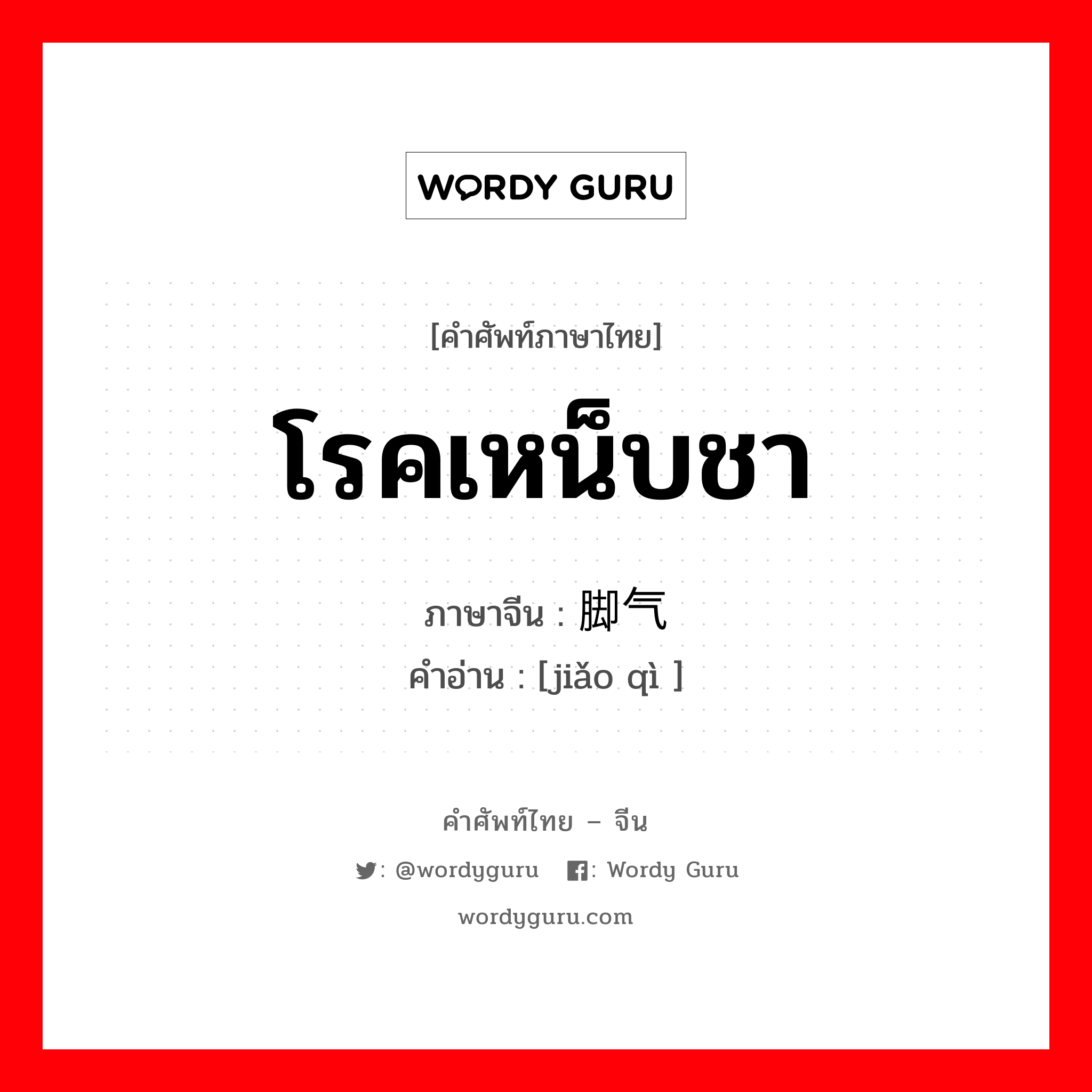 โรคเหน็บชา ภาษาจีนคืออะไร, คำศัพท์ภาษาไทย - จีน โรคเหน็บชา ภาษาจีน 脚气 คำอ่าน [jiǎo qì ]