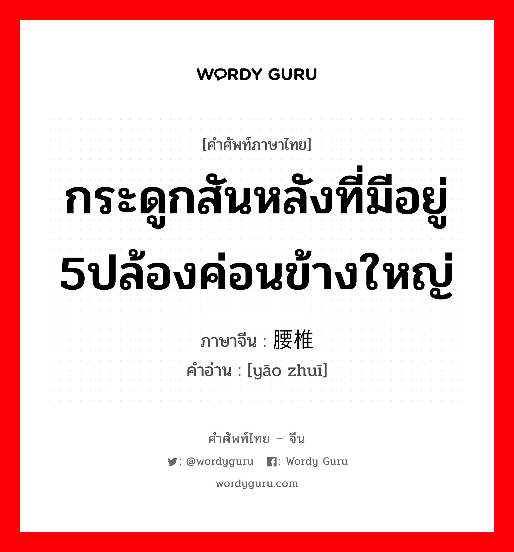 กระดูกสันหลังที่มีอยู่ 5ปล้องค่อนข้างใหญ่ ภาษาจีนคืออะไร, คำศัพท์ภาษาไทย - จีน กระดูกสันหลังที่มีอยู่ 5ปล้องค่อนข้างใหญ่ ภาษาจีน 腰椎 คำอ่าน [yāo zhuī]