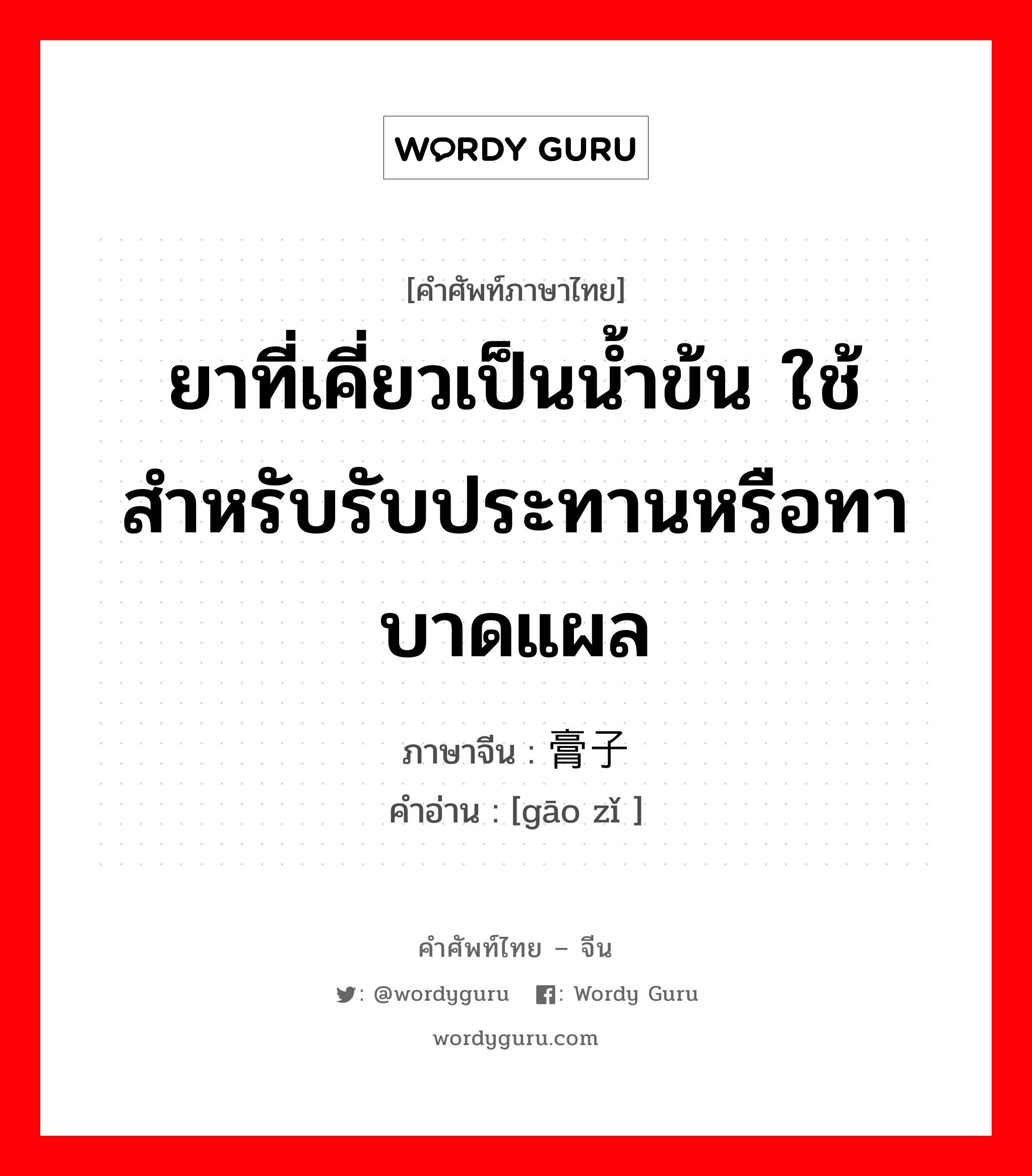 ยาที่เคี่ยวเป็นน้ำข้น ใช้สำหรับรับประทานหรือทาบาดแผล ภาษาจีนคืออะไร, คำศัพท์ภาษาไทย - จีน ยาที่เคี่ยวเป็นน้ำข้น ใช้สำหรับรับประทานหรือทาบาดแผล ภาษาจีน 膏子 คำอ่าน [gāo zǐ ]